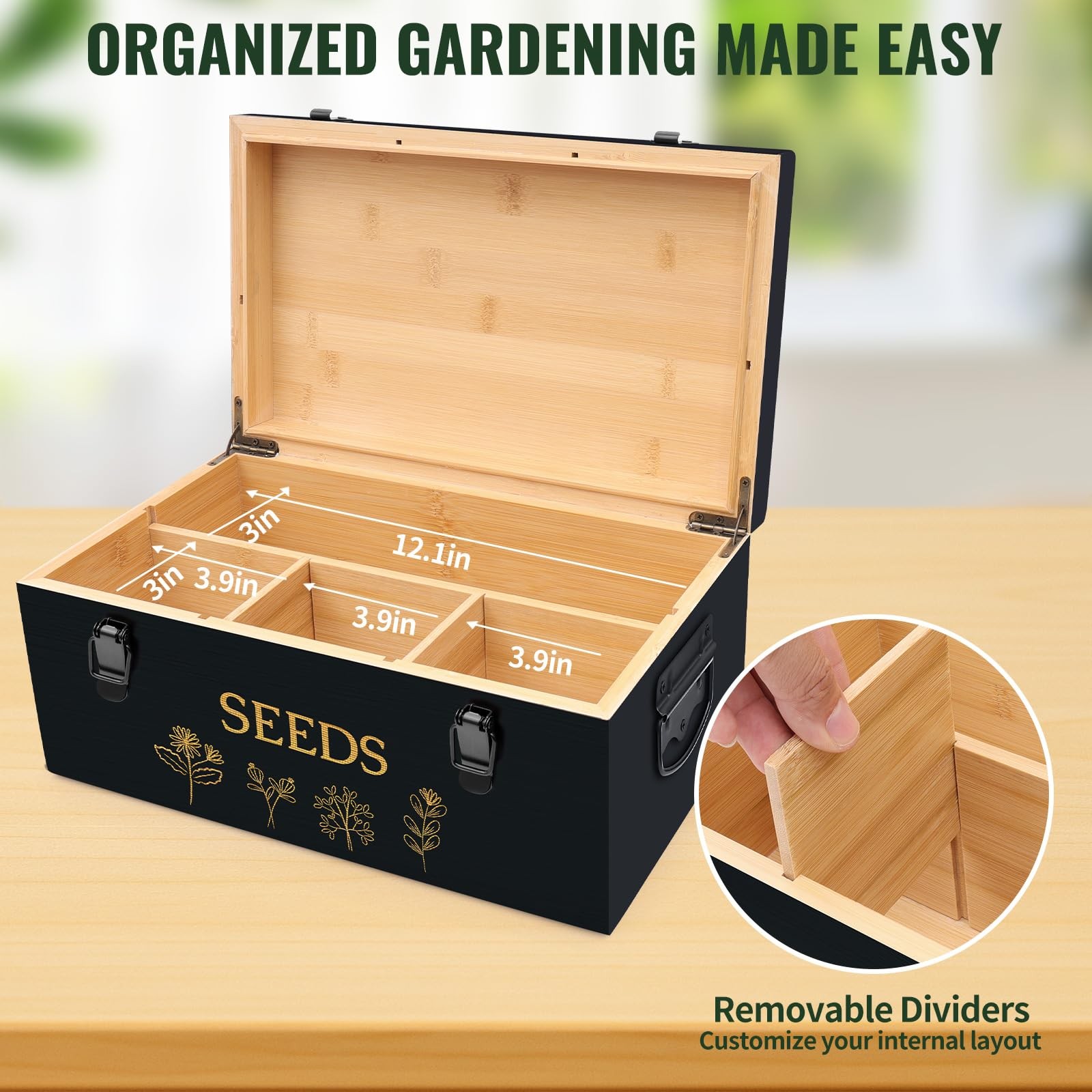 Large Bamboo Wood Seed Storage 13.2 x 7.8 x 5.9 inches, 3.Black(Large)