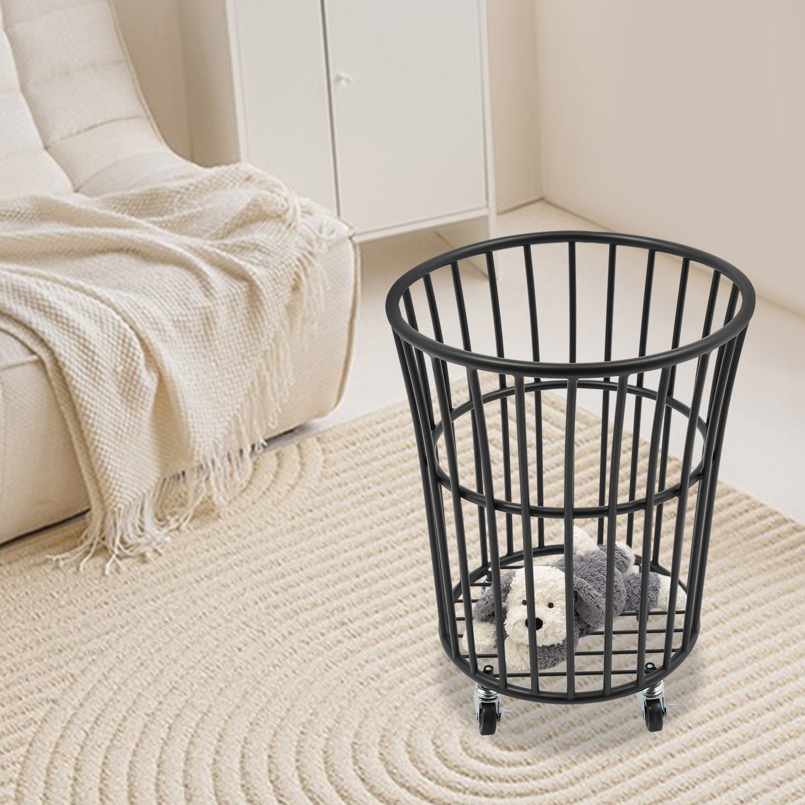 Black Metal Laundry Basket with 4 Wheels,36*40cm Round Barrel Laundry Basket