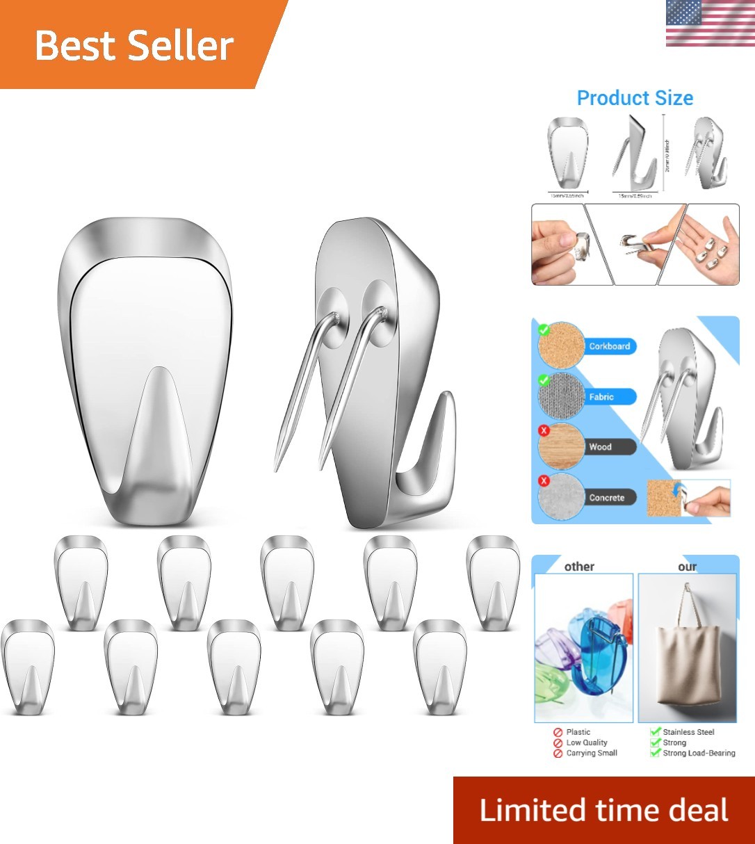 10 Durable Silver Cubicle Hooks – 40 lbs Capacity Picture Hangers, Rust-Proof