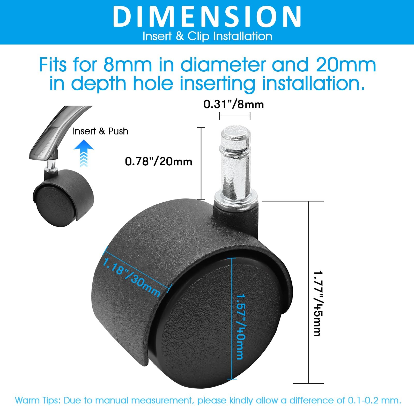 1.5 Inch Swivel Caster Wheels, M8 Circlip Stem, 5pcs