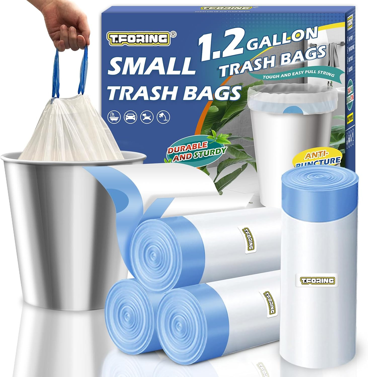 1.2 Gallon Mini Trash Bags Drawstring, Unscented, White, 120 Count | Tear-Free,