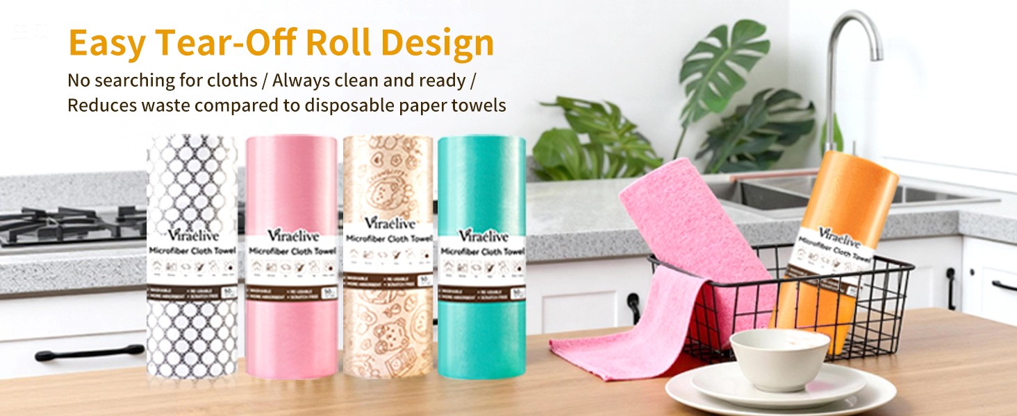 Microfiber Cleaning Cloth Roll, 50 Tear-Away Sheets, Reusable & Washable,