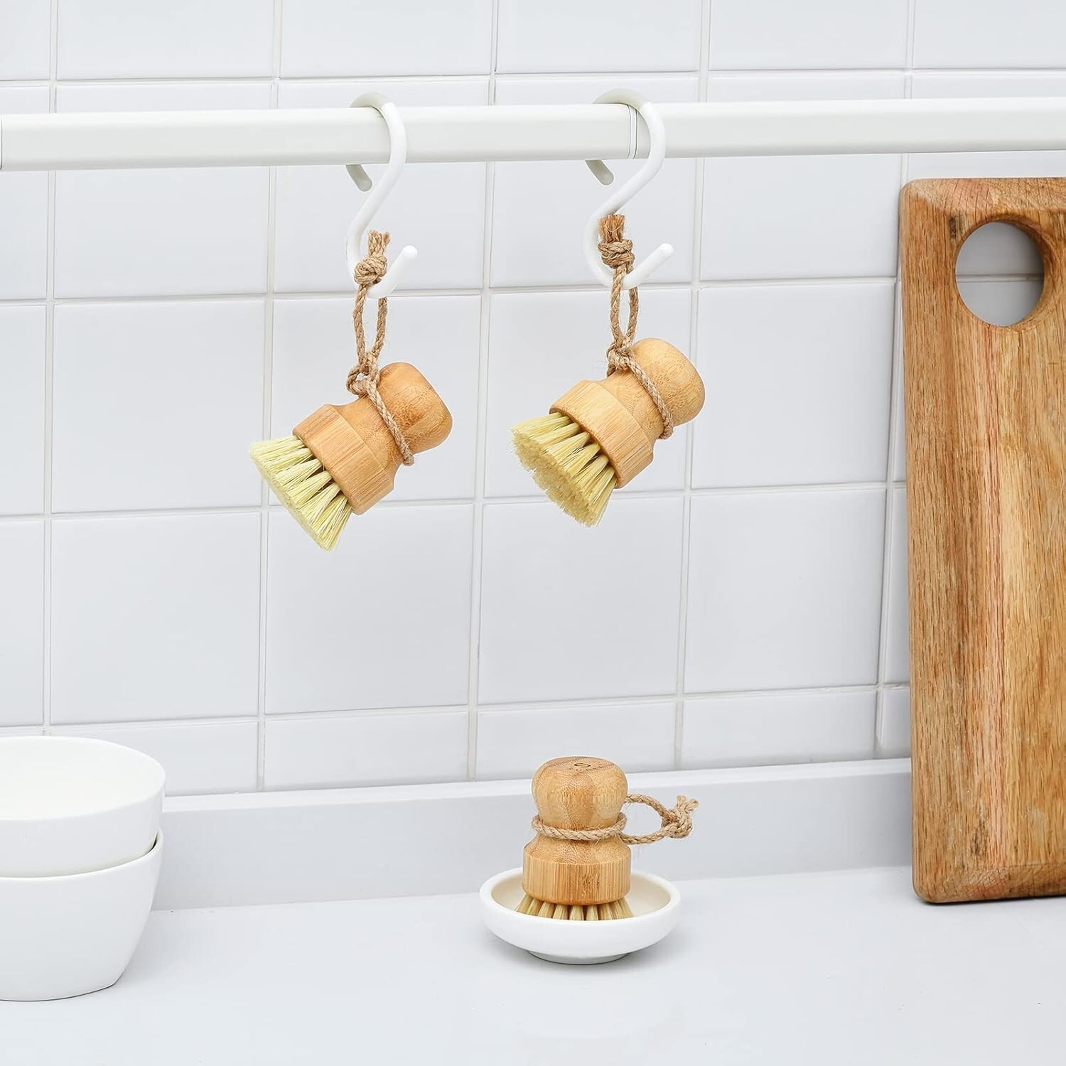 Bamboo Dish Scrub Brushes by Subekyu, Kitchen Wooden Cleaning Scrubbers set of 3
