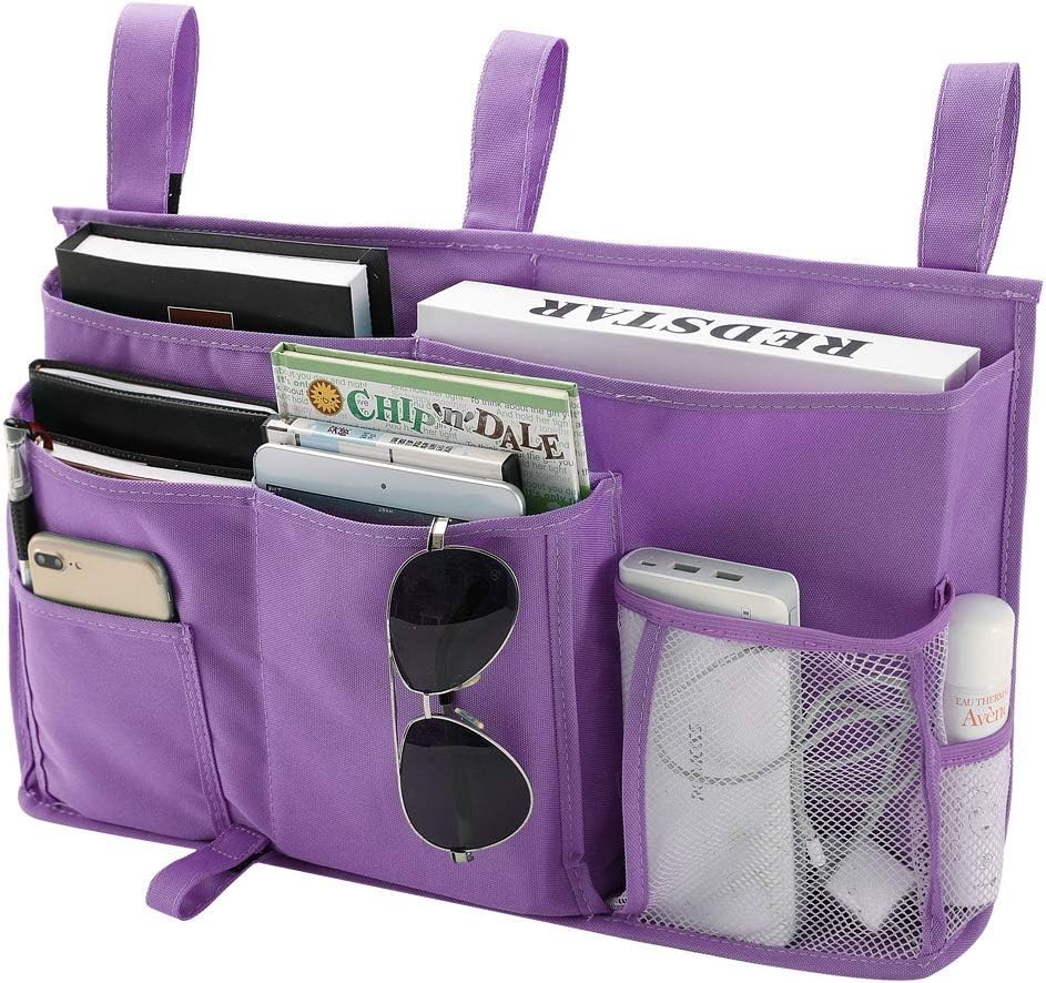 Adjustable Bedside Storage Caddy – 8 Pockets, Waterproof Oxford Cloth – Purple