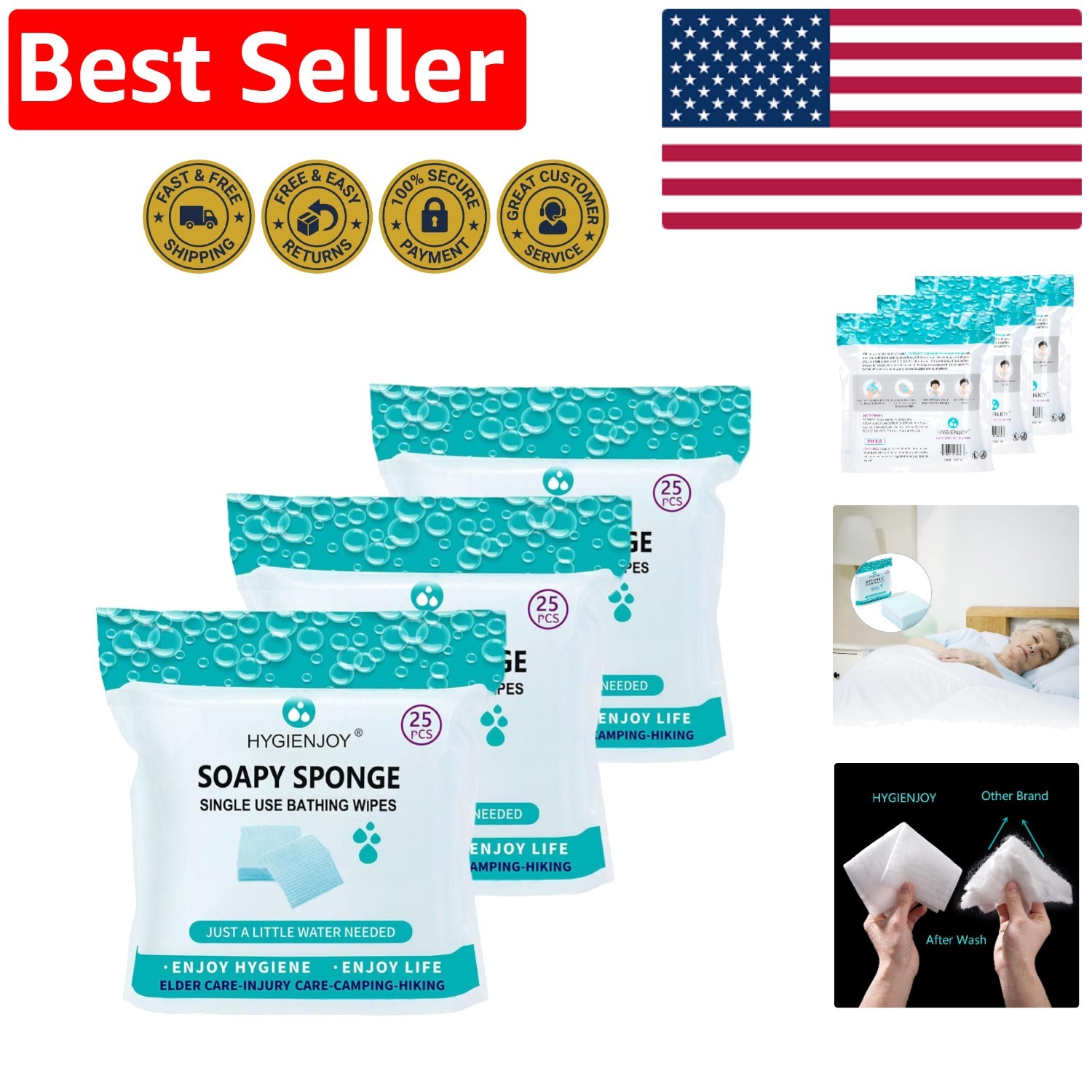 3 Packs of Residue-Free Bathing Wipes – Ideal for Campers & Elderly Care