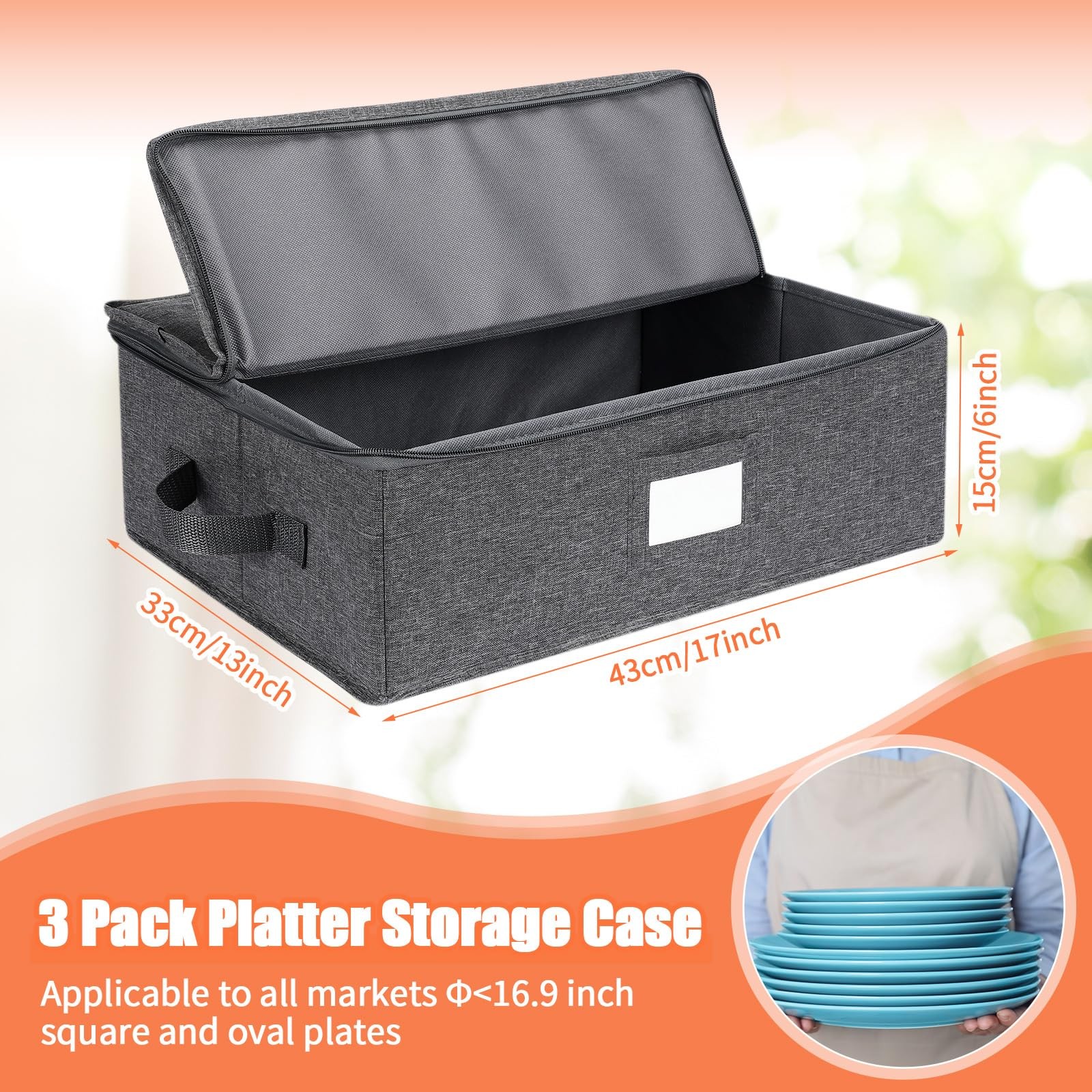 3 PCS Platter Storage Case Stackable Hard Shell 17x13x6in 15 Dividers Gray