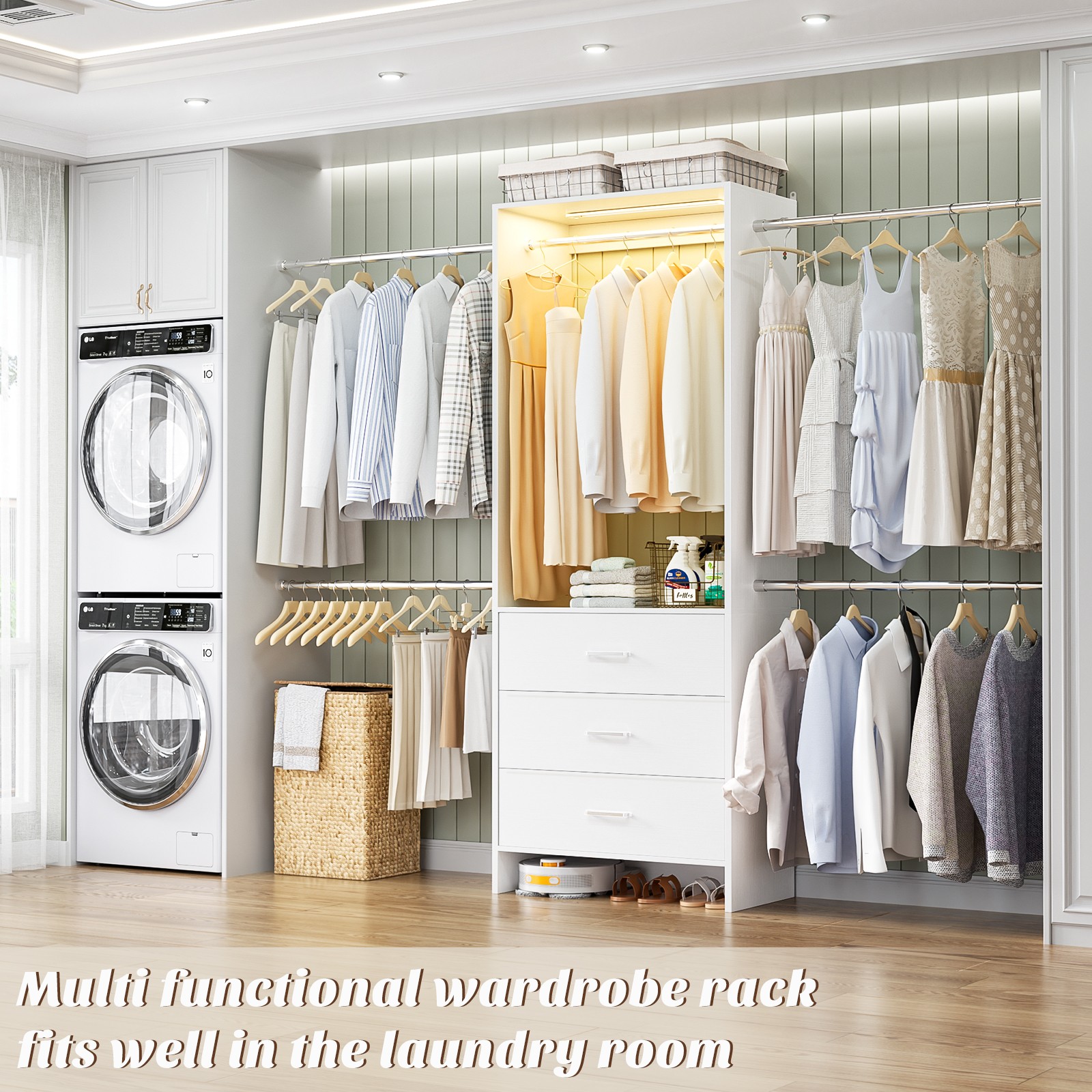 Heavy Duty Closet Organizer System with Motion Activated LED Lights and 3 Drawer