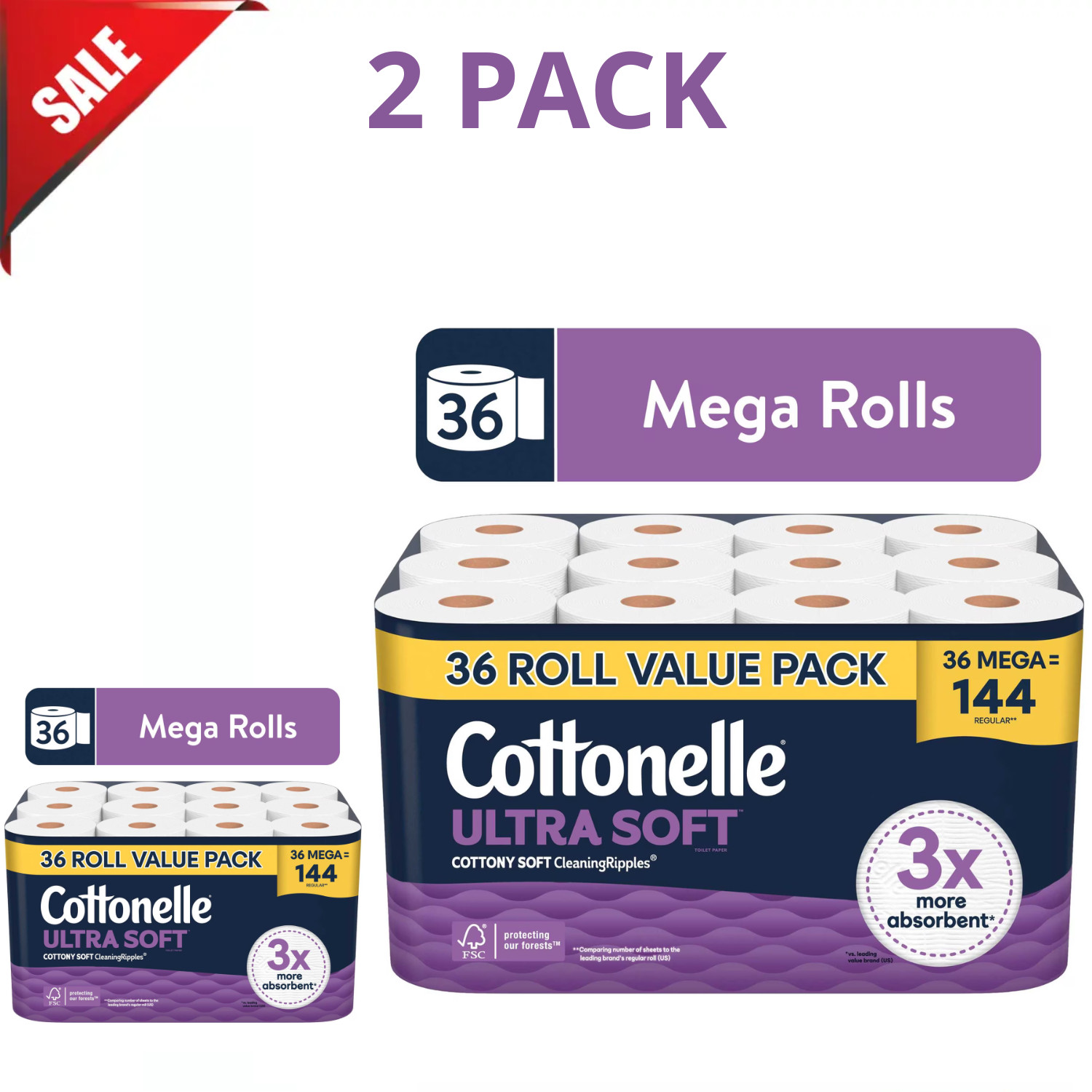 Cottonelle Ultra Soft Toilet Paper, Strong Toilet Tissue, 36 Mega Rolls, 2 Pack