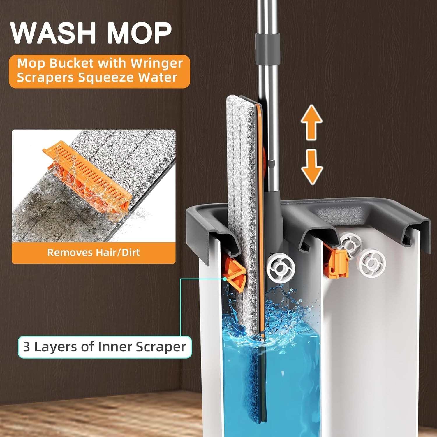 Flat Mop Bucket Set Wringer 61in Handle 4 Microfiber Pads 360 Spin Floor Cleaner