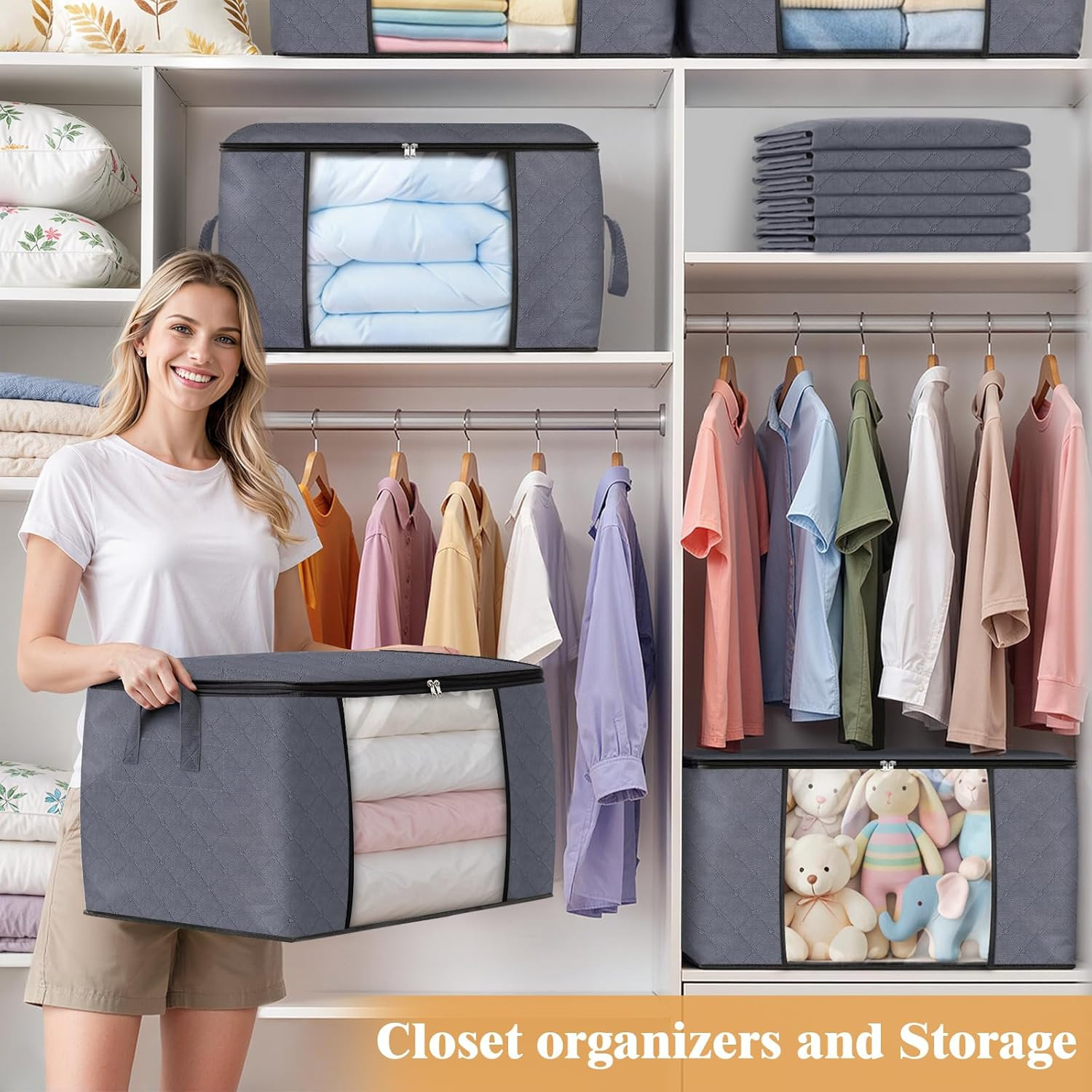 6 Pack Storage Bags for Clothes Blanket Storage Bins with Lids | Foldable Closet