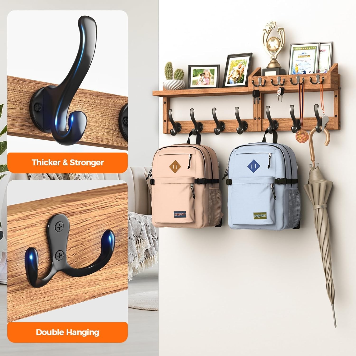 Wood Coat Rack Wall Mounted,Natural Wood Plank with 11 Black Metal Hooks, Hat an