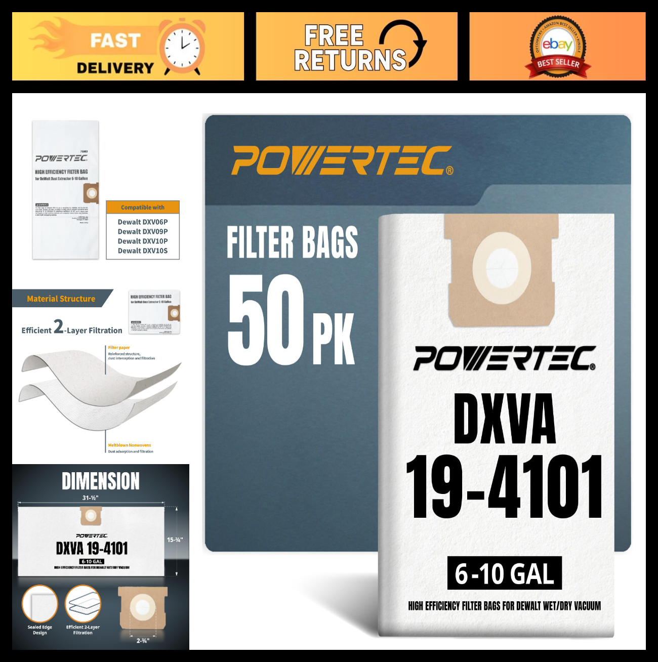 50 Pack Vacuum Bags for 6-10 Gal Dust Extractors, Replacement Shop Vac Bags, Dus