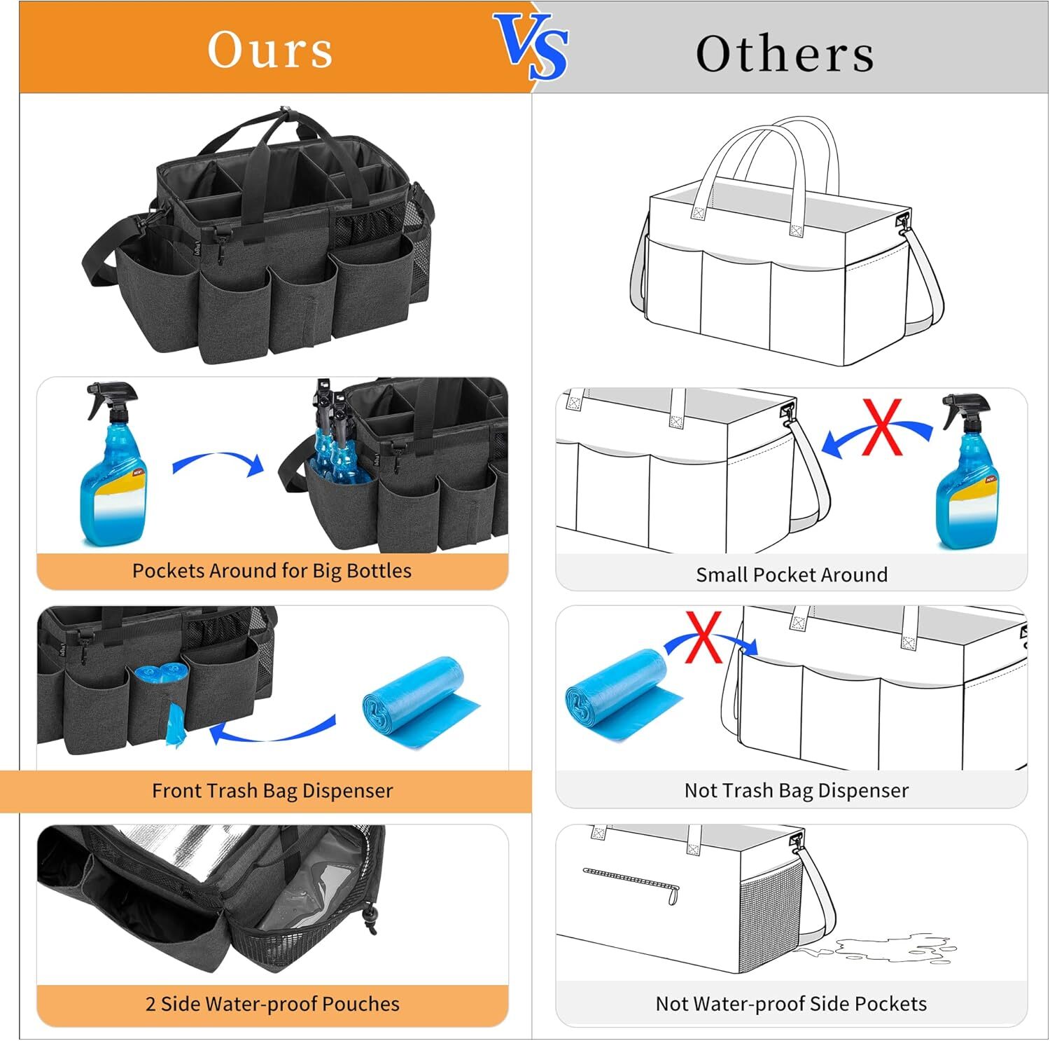 Large Wearable Cleaning Caddy Bag with 4 Foldable Dividers, Cleaning Supply Tote