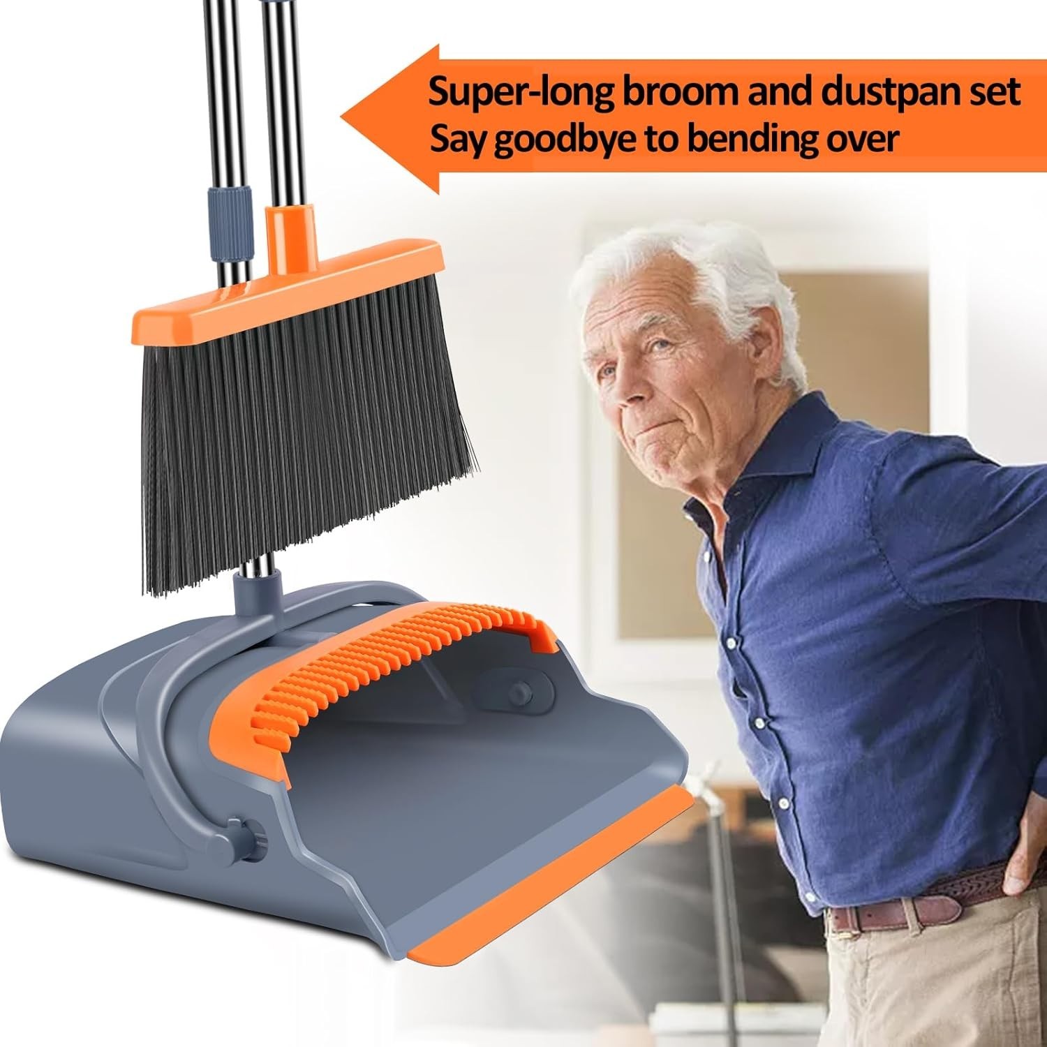 Upgrade Broom and Dustpan Set, Self-Cleaning with Dustpan Teeth, Indoor&Outdo…