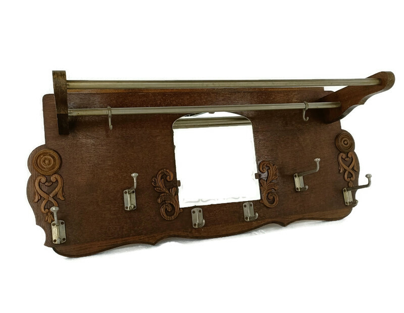 Vintage Wall Coat Rack Shelf Mid Century Modern Railroad Industrial Wood Pop art