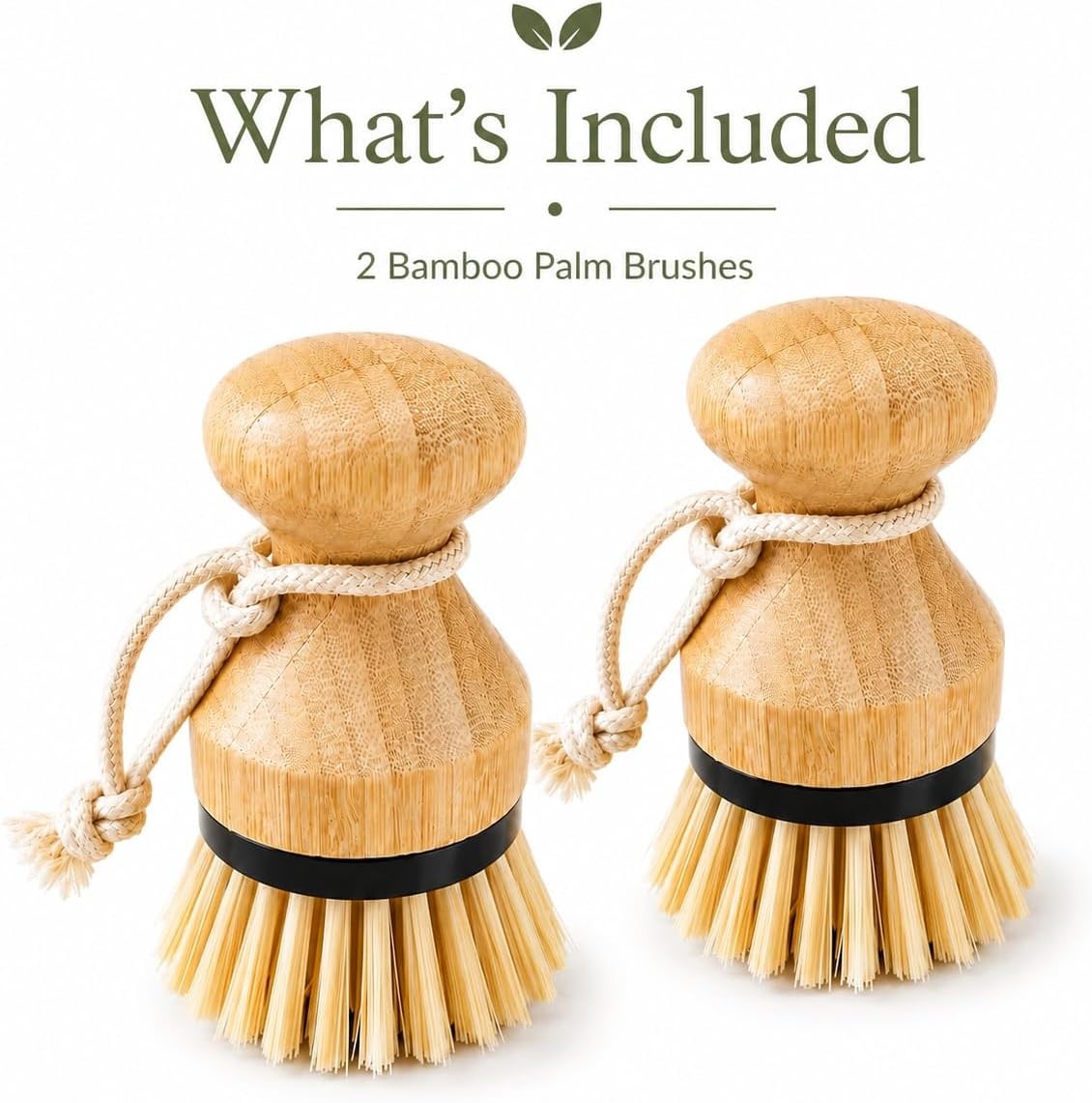 Bamboo Palm Brush Set, 2 Pack Dish Scrub Brushes for Pots, Pans, Dishes, Sink &