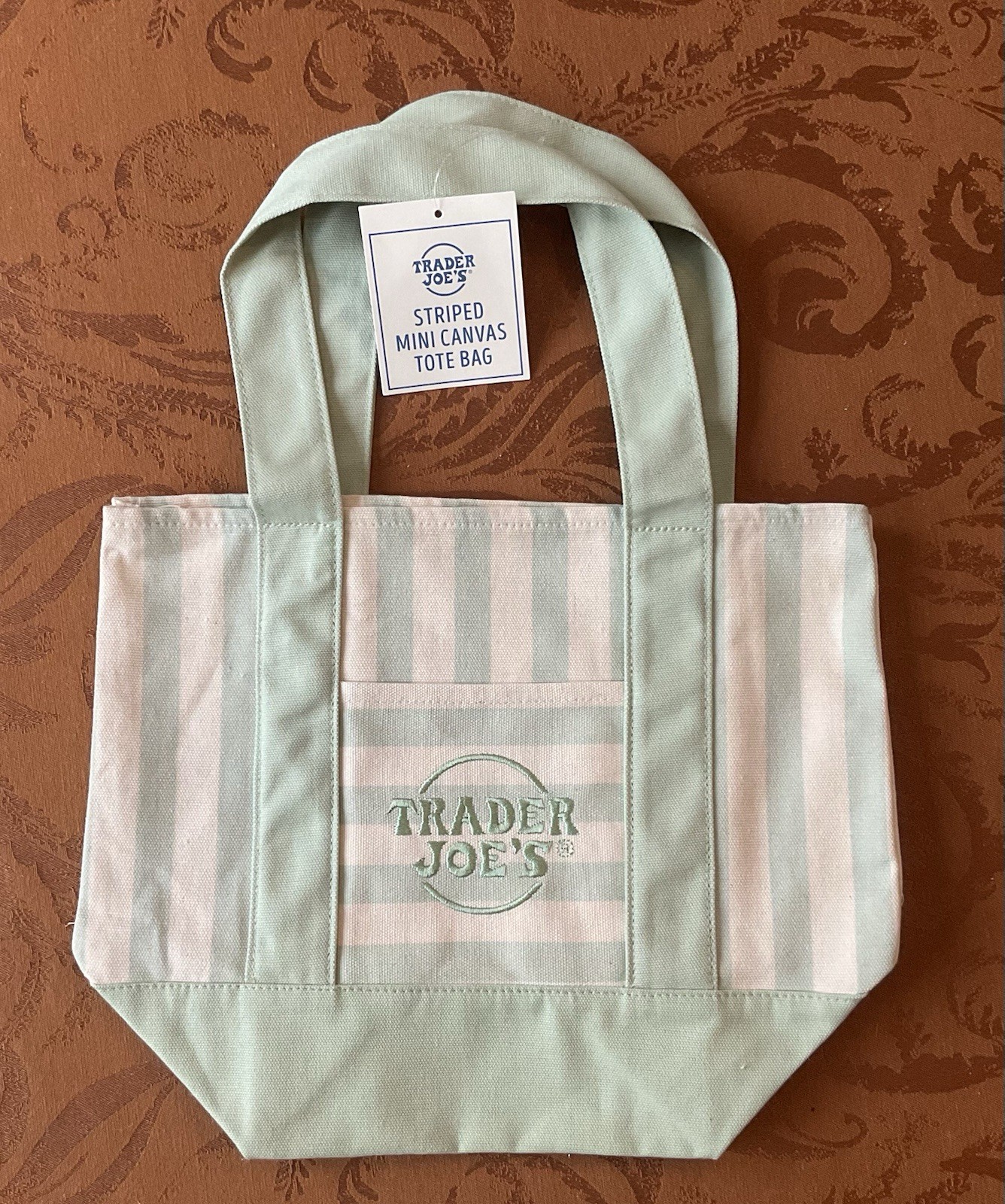 Trader Joe’s New 2026 Summer Striped Mini Canvas Tote Bag – Mint Green Pastel