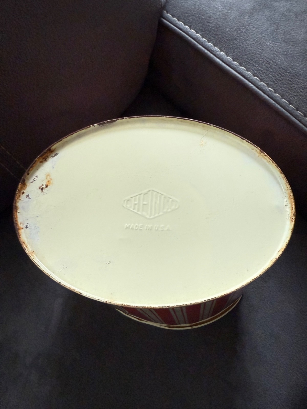 VTG Cheinco Garbage Tin Can Red Stripes 9.5 in tall