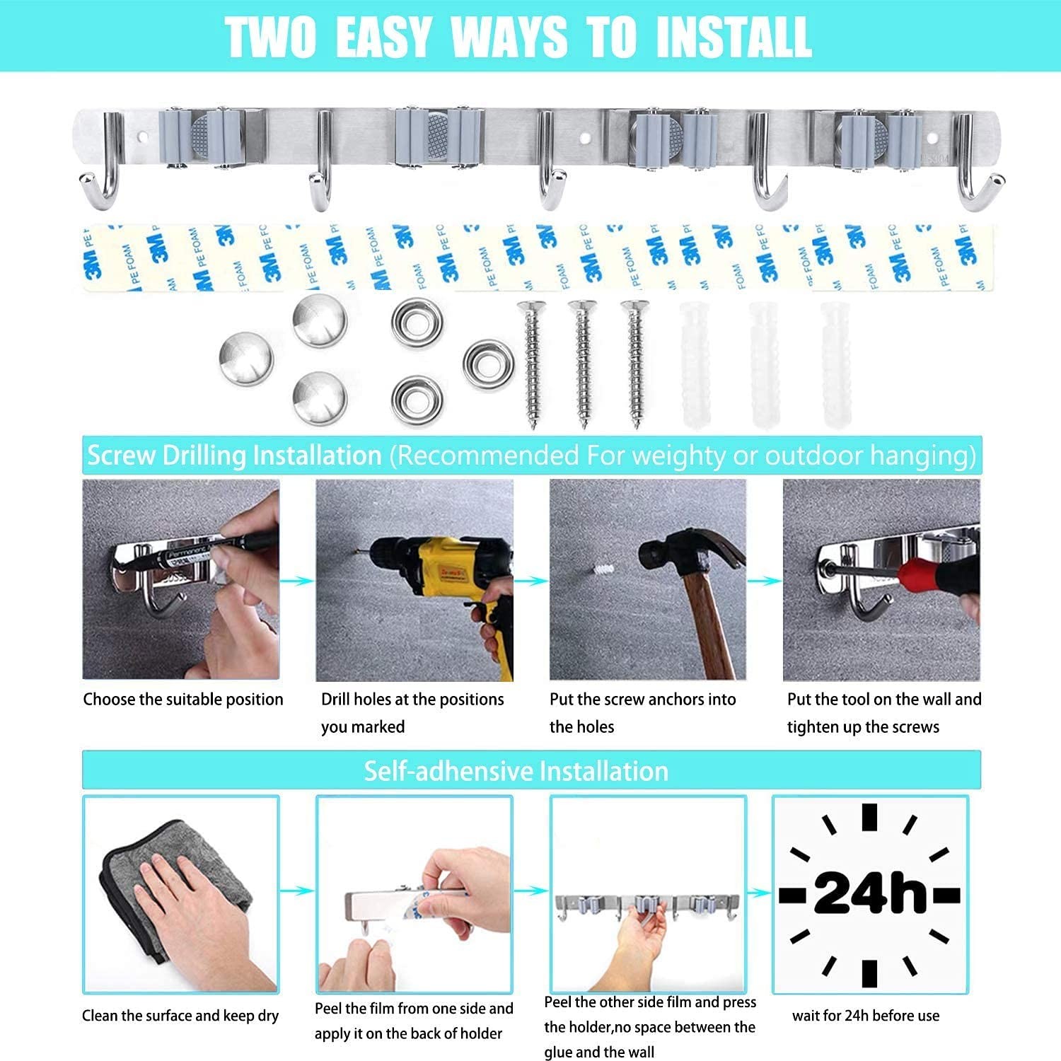 Broom Mop Holder Wall Mount Stainless Steel Tool Hanger Storage Organizer for.