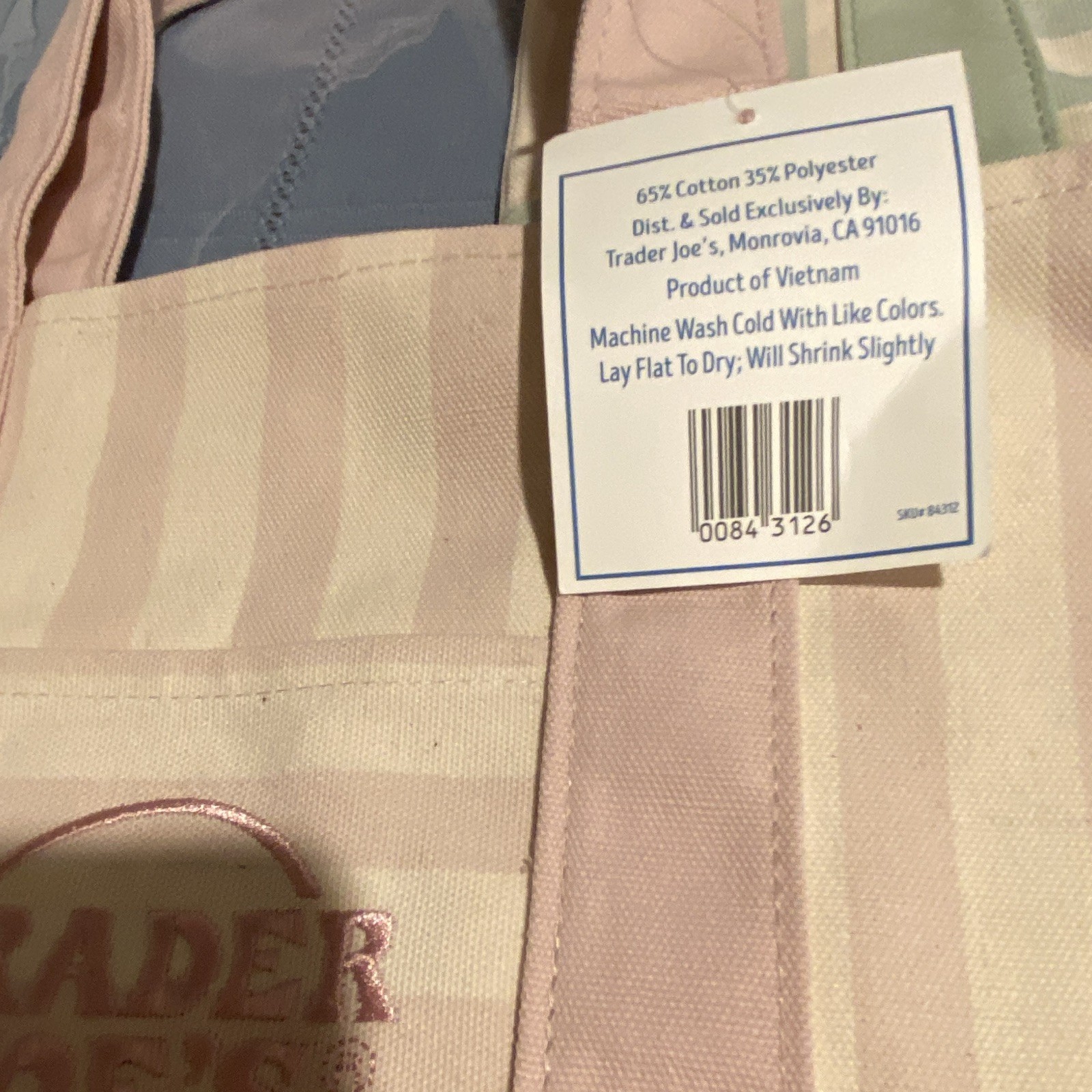 Trader Joe’s Striped Mini Canvas Tote Bag Tote Pink/White Cotton Polyester