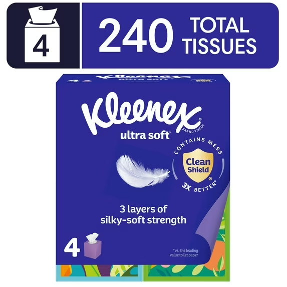 Kleenex Ultra Soft 3-Ply Facial Tissues, 4 Cube Boxes, 60 Tissues Each