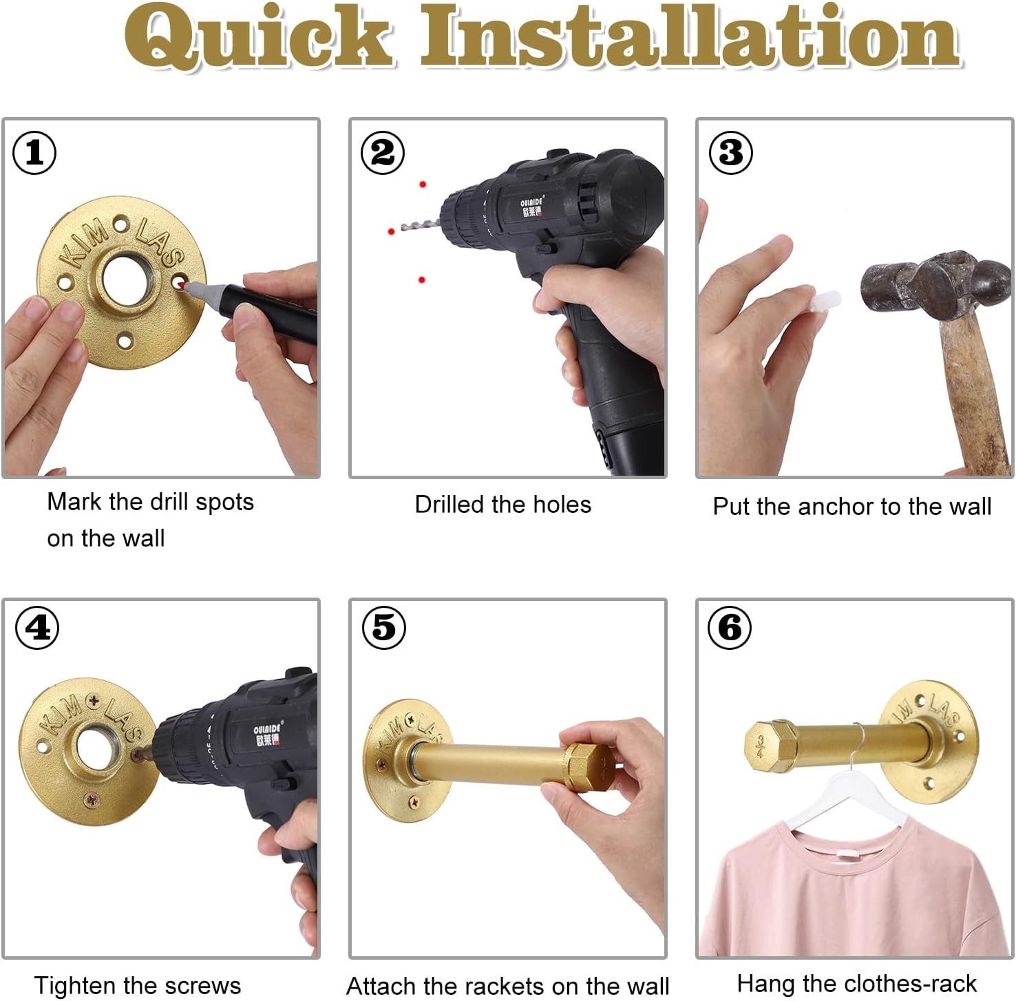 6 Pack Clothes Rack with Screws, 6 Inch Metal Industrial Pipe Clothes Bars for