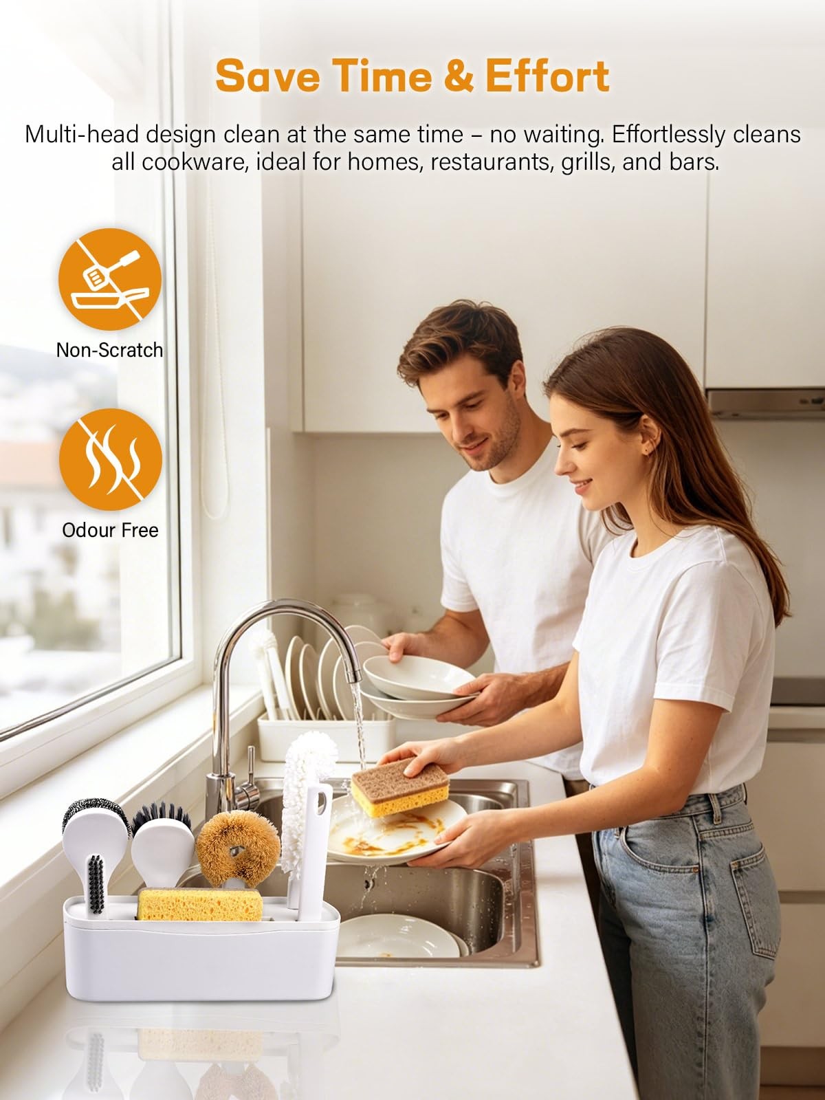 7 Pack Kitchen Cleaning Dish Brush Set with Storage Box for Pan Bottle White