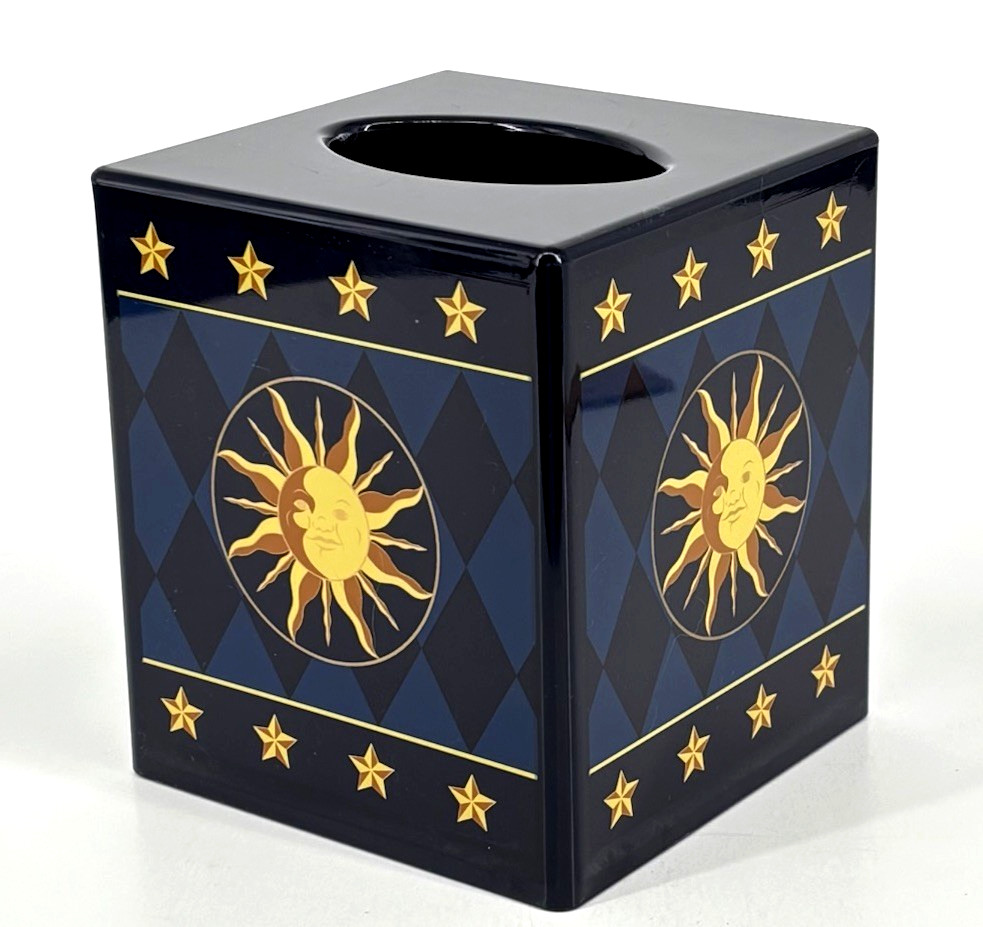 Celestial Night Sky Tissue Box Moon Star Sun Navy Blue Gold Whimsical