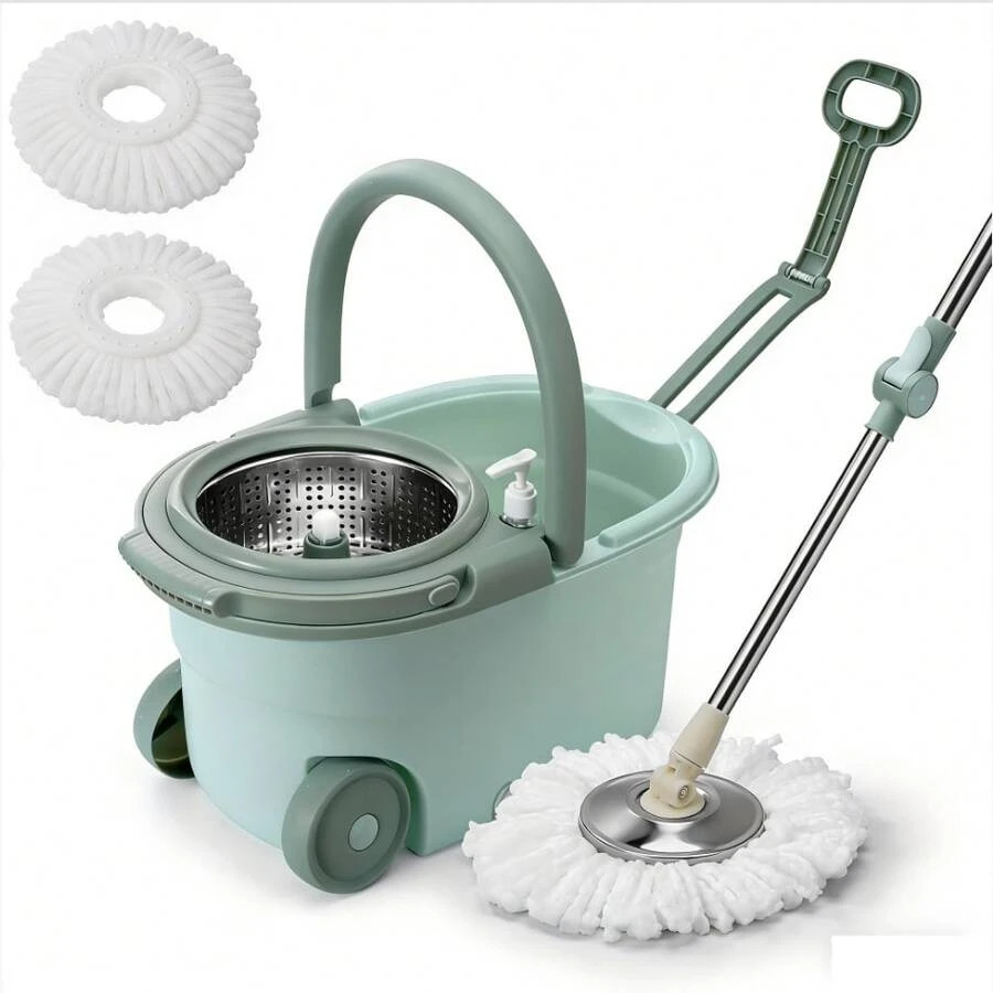 360° Spin Mop Bucket System 61″ Handle 2 Microfiber Refills