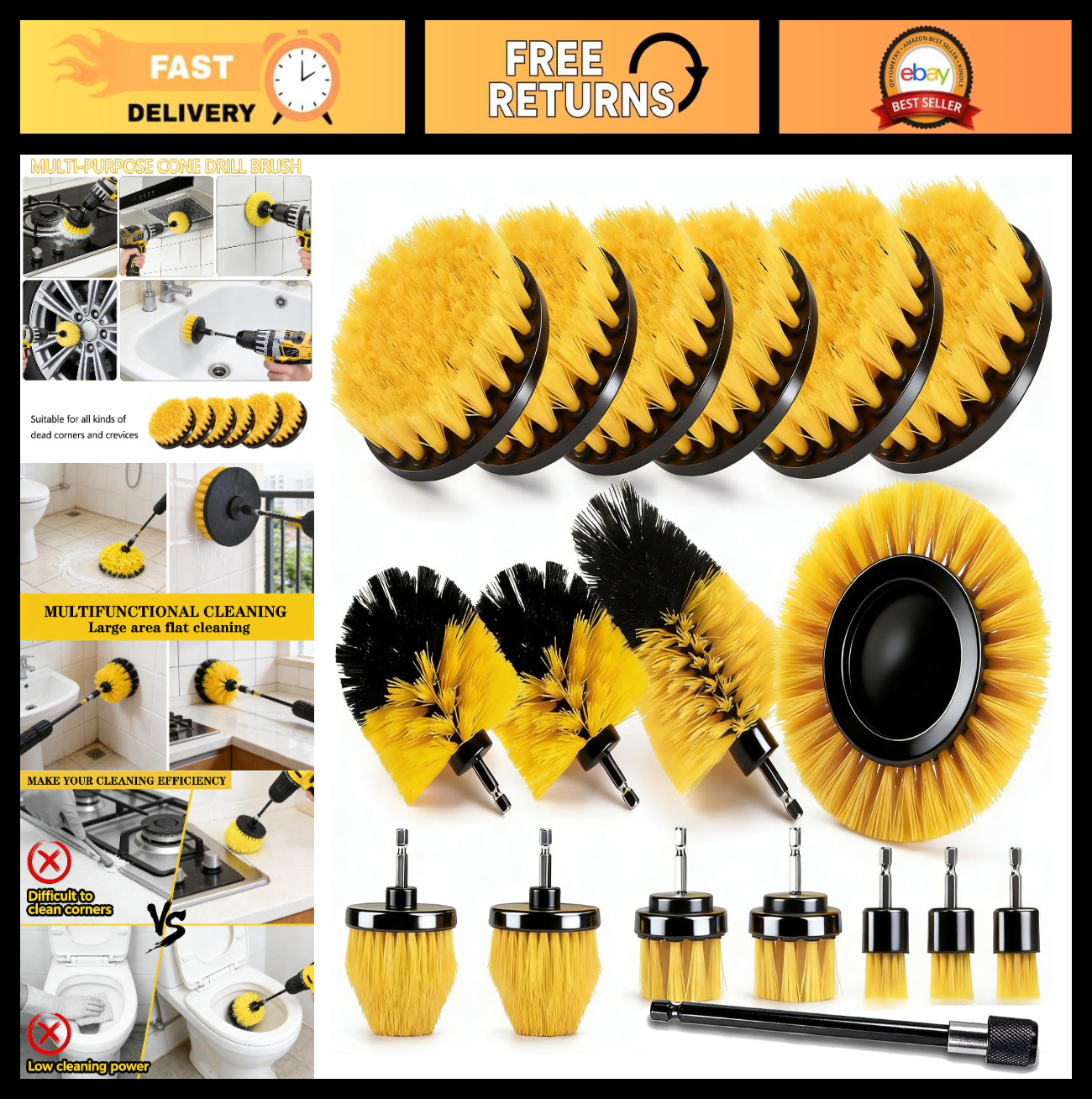 18 Pack Drill Brush Set – Power Scrub Attachments for Cleaning, Car Detailing, B