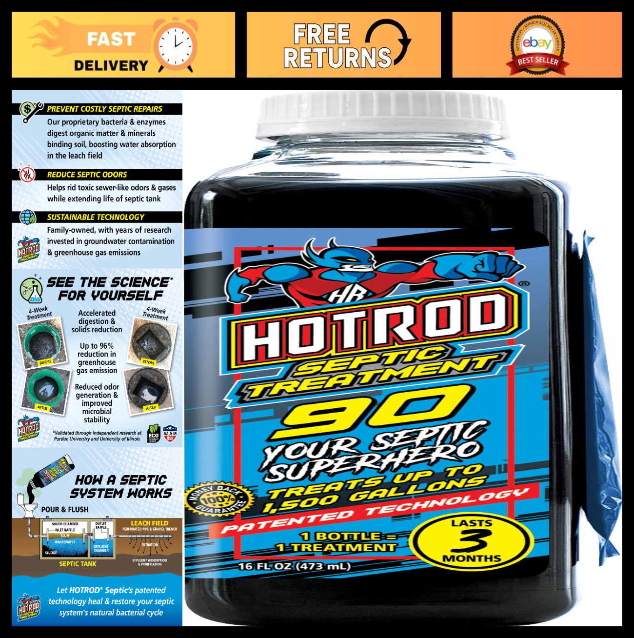 Septic Tank Treatment – Lasts 3 Months – Patented Formula – Easy Pour – 16 oz Li