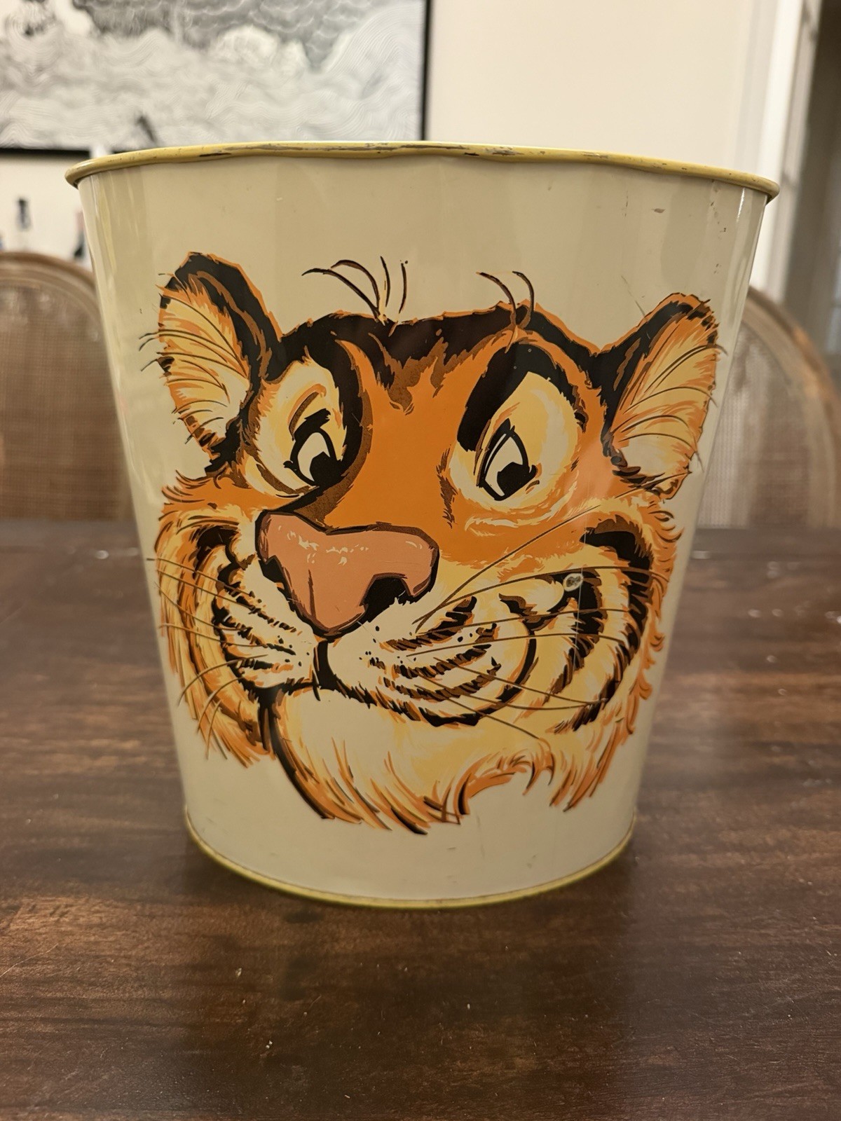 Vintage Cheinco Tiger Metal Wastebasket Trash Can Bin Made in USA Litho Animal