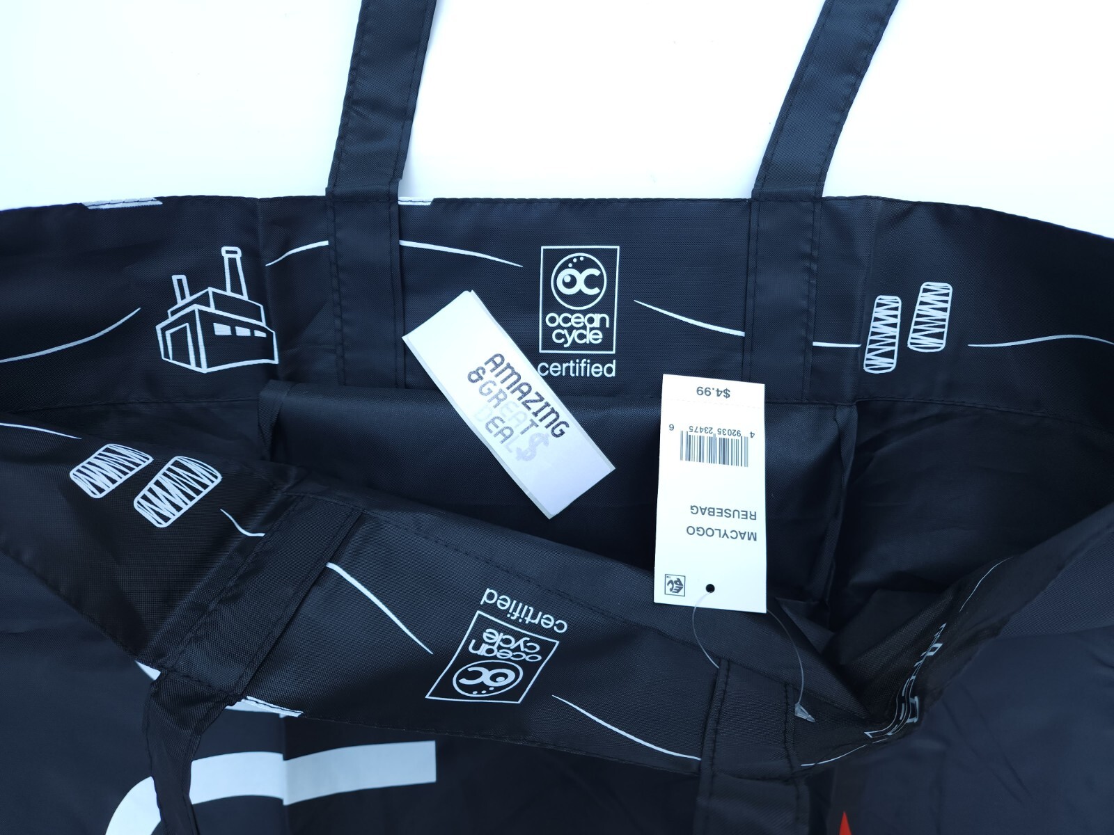 MACY’S Reusable Shopping Tote Bag “From Beach to Bag” Oceancycle, Black