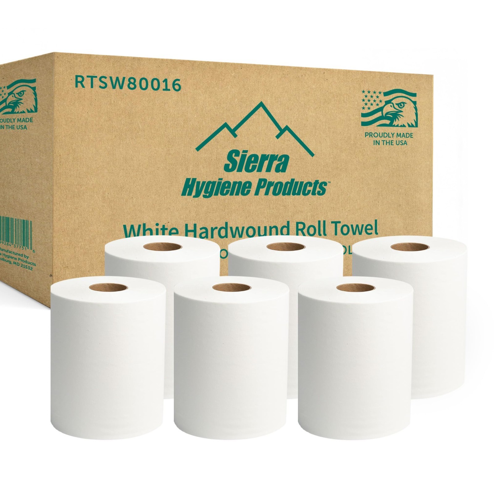 Sierra Hygiene 1-Ply White Roll Towels, 8” x 800’, 6/Case, Made in USA