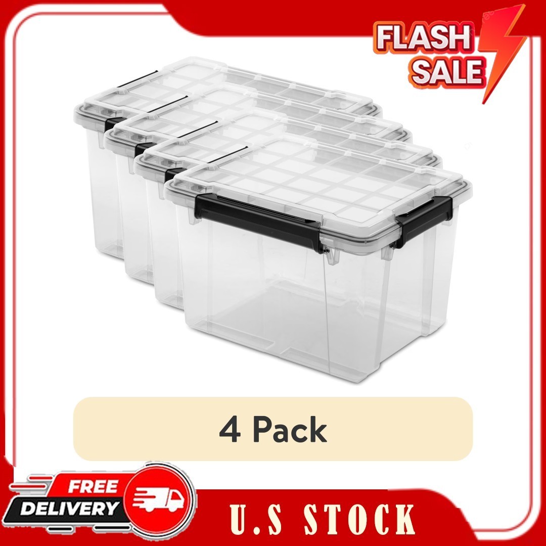 4 Pack Sterilite 34 Qt Gasket Storage Box Clear Plastic Bin w/ Lid Black