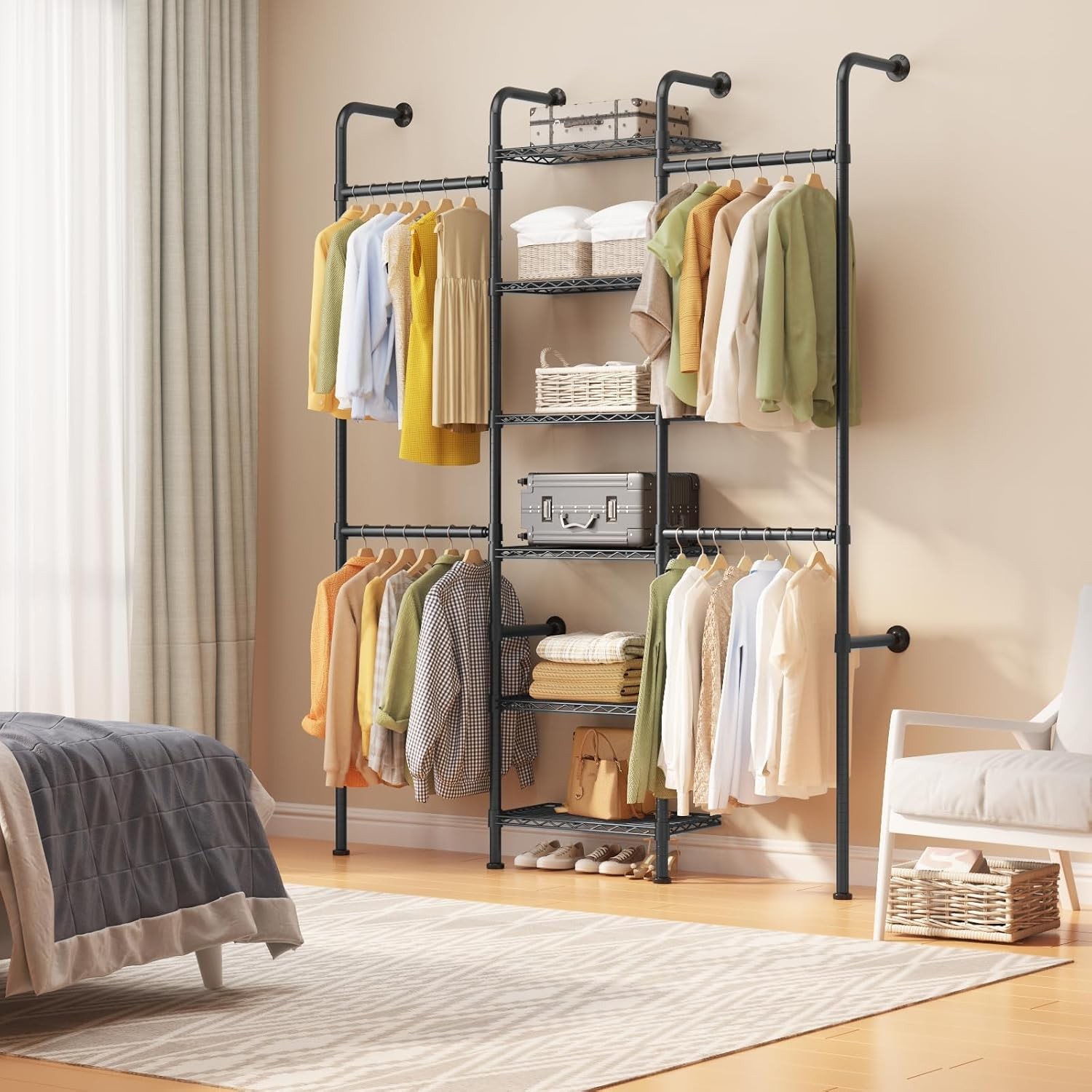 Wall Mounted Garment Rack with 4 Hanging Rods for Clothes Storage 6 Wire Shelves