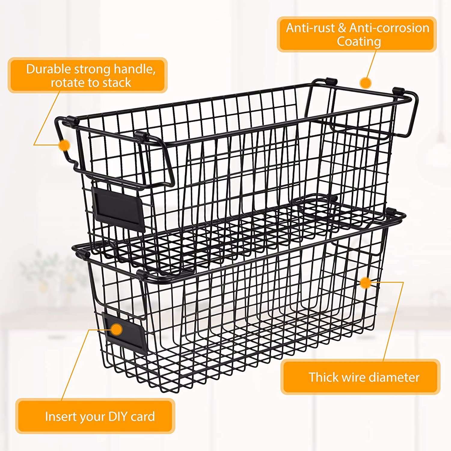 Brand New — Stackable Wire Basket Storage Shelf Organizer with Handles 4 pack