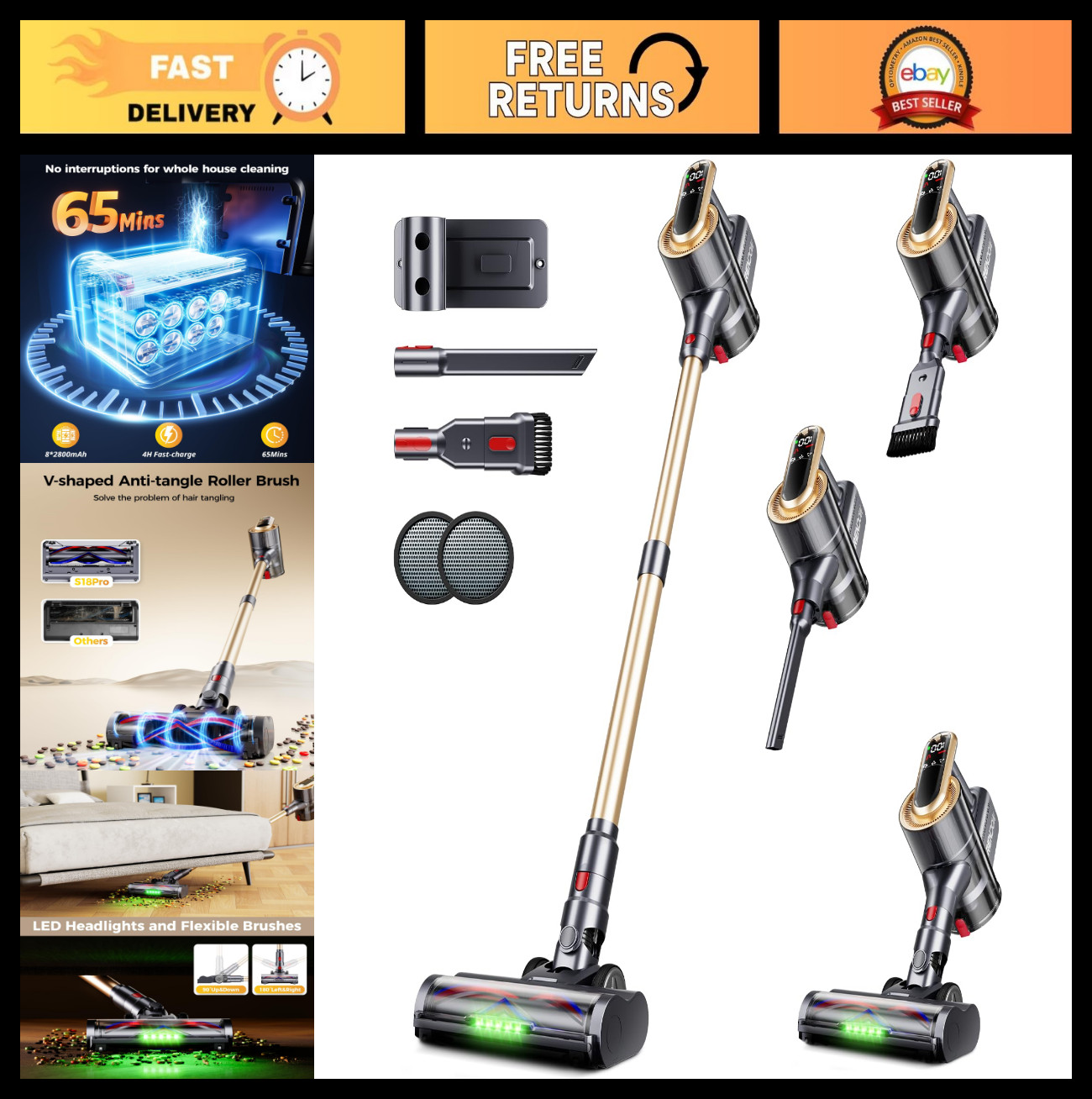 Cordless Vacuum Cleaner 600W 50Kpa, 65Mins Runtime, LED Display, Anti-Tangle, Pe
