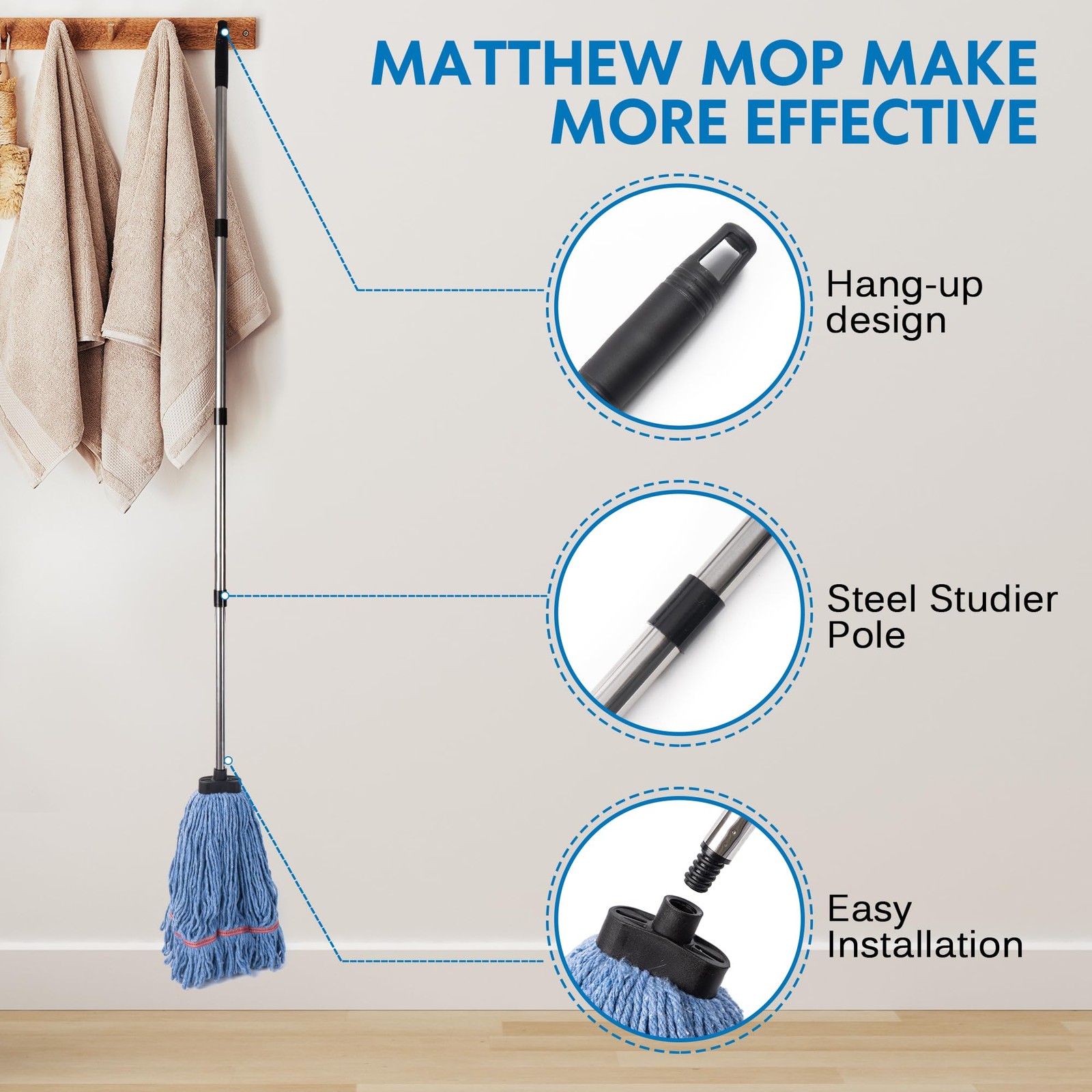 Matthew Large Commercial&Residential Mop Heavy Duty Industrial Mops w/Screw-o…