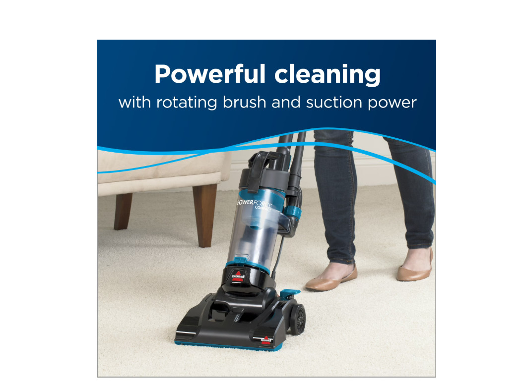 The BISSELL PowerForce Compact vacuum cleaner is a bagless, upright, lightweight