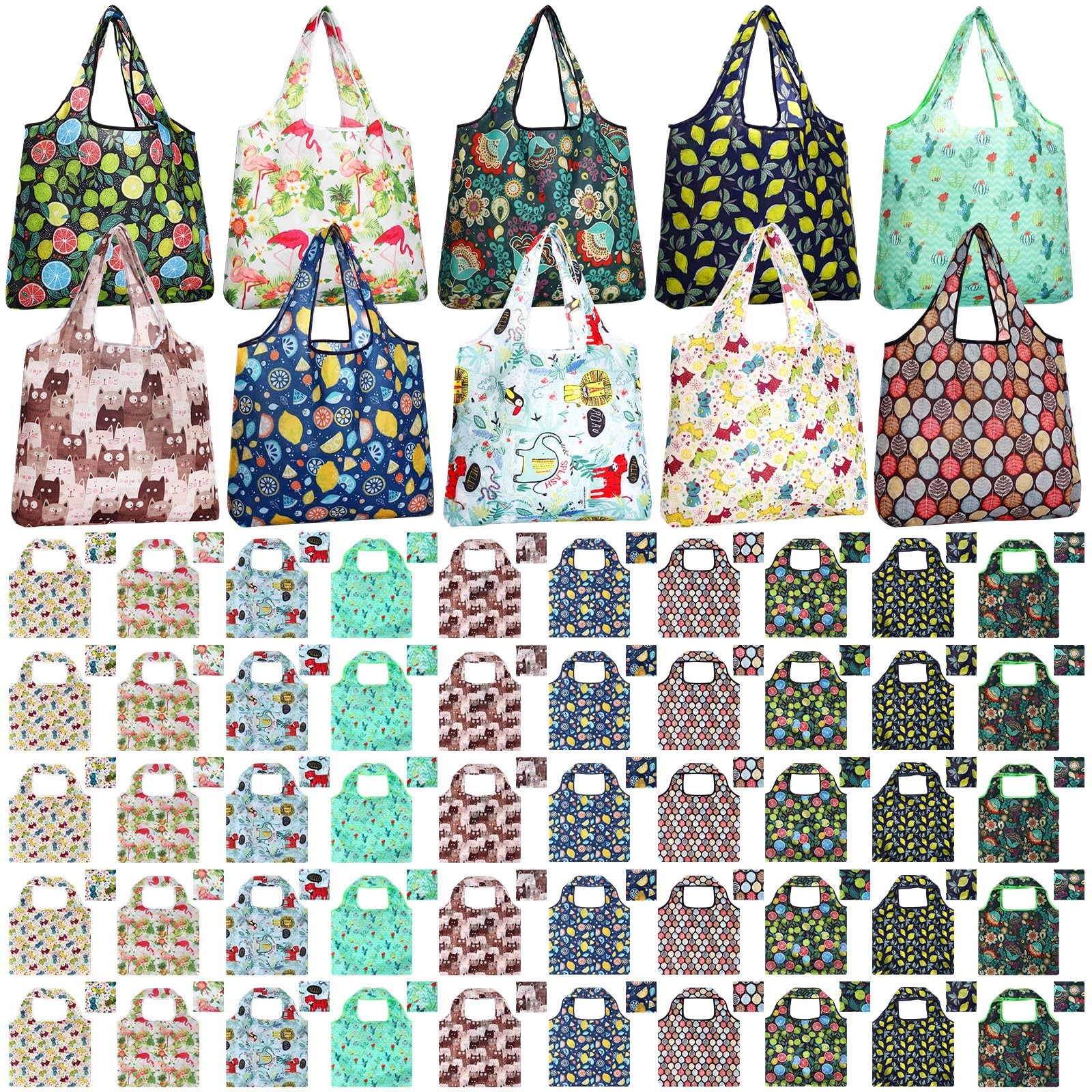 50 Pack Reusable Foldable Grocery Bags 10 Patterns Bulk Shopping Totes Pocket…