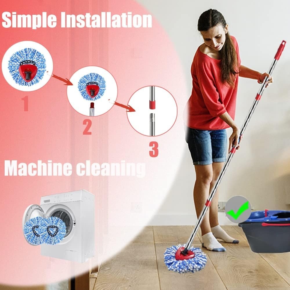 Adjustable Mop Handle & Triangle Base – 2 Microfiber Refills Set for EasyWring