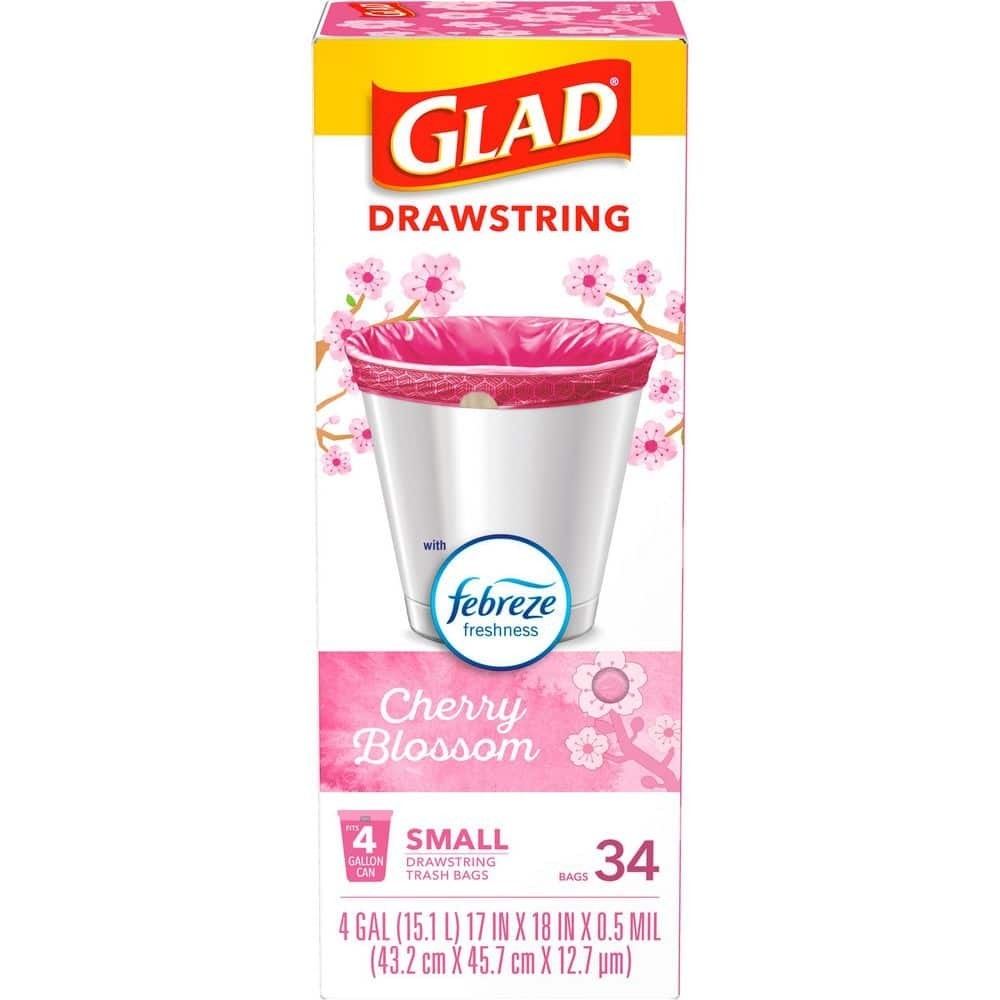 Small Trash Bags 4 Gallon Drawstring Glad Cherry Blossom Febreze 34 Count