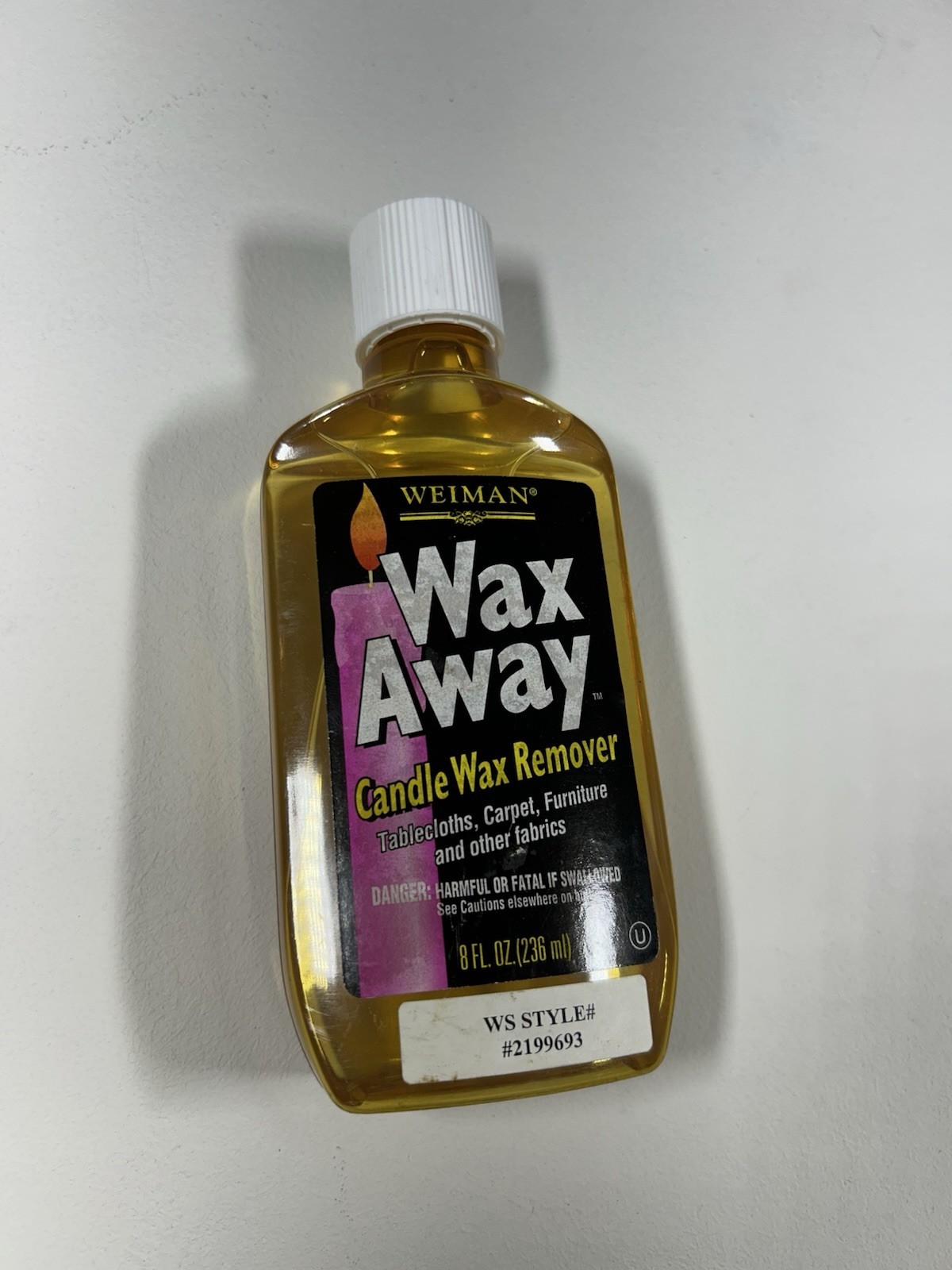 Weiman Wax Away Candle Wax Remover Fabrics 8 FL. OZ. White Cap Bottle 85% Full