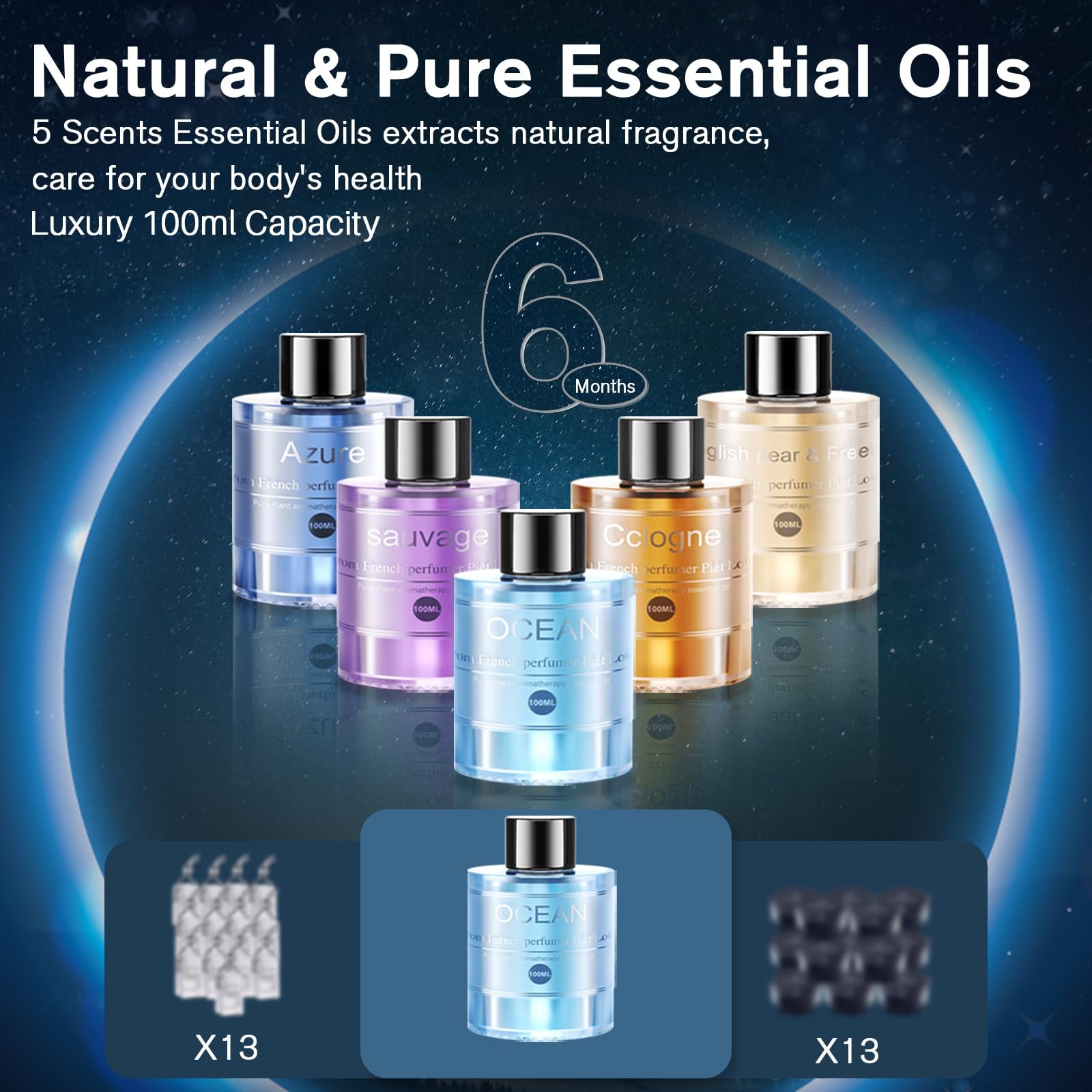 Car Air Freshener Diffuser with 100ml Perfume, 6Months Lasting, RGB Light