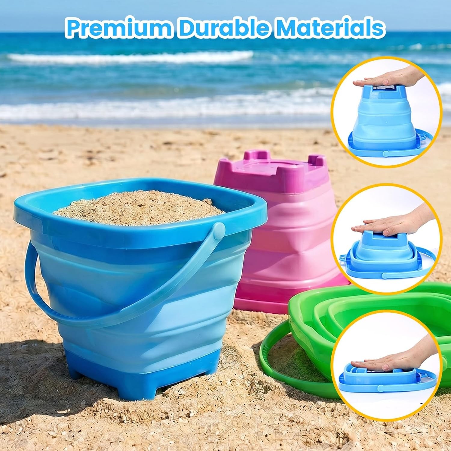 Collapsible Bucket for Kids,3 Pcs, Multicolor | Foldable Pail Bucket for Beach