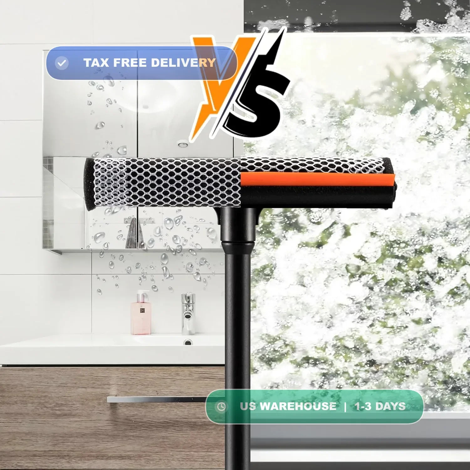 2 in1 Window Squeegee for Car, Window Cleaner with 16inch Long Handle,Sponge Car