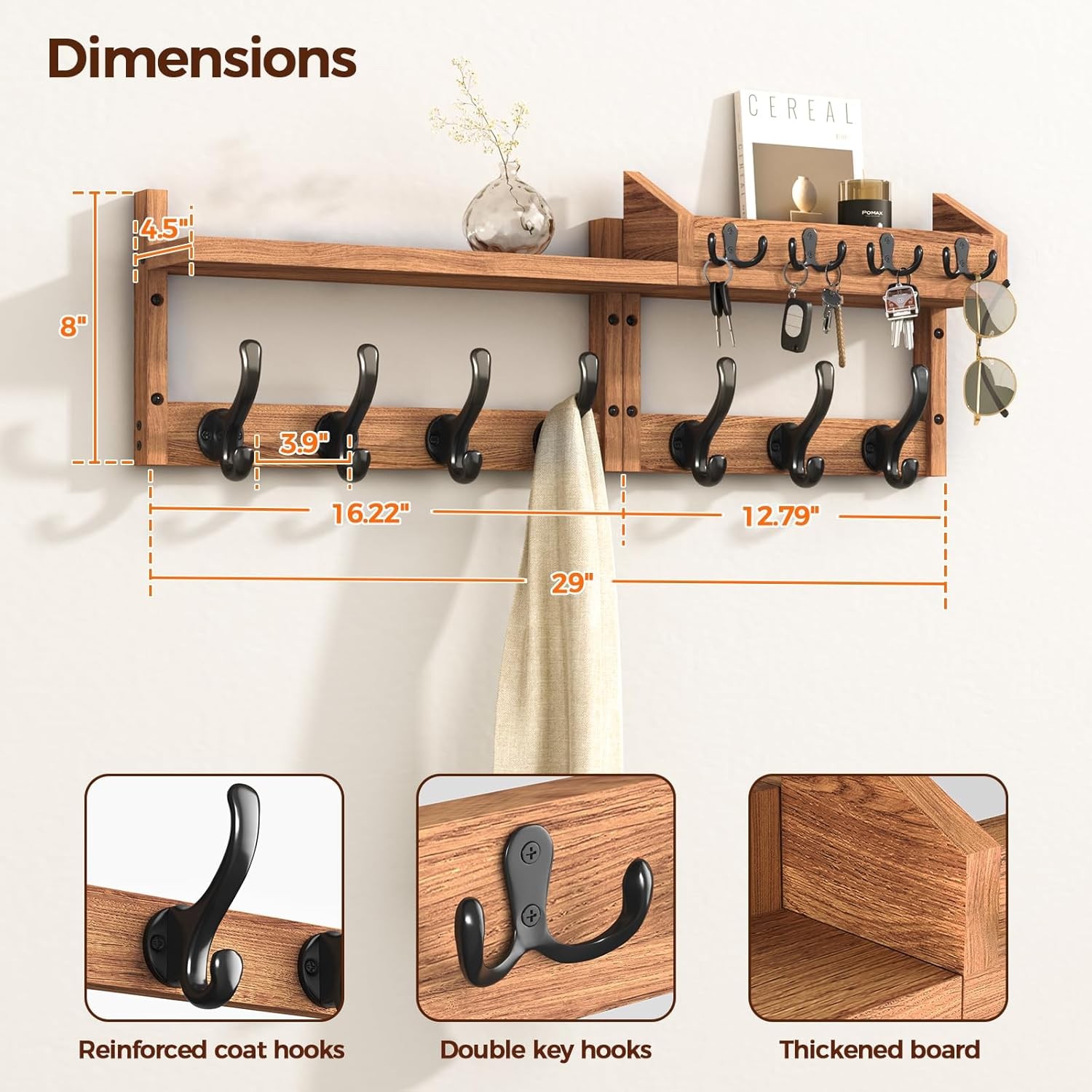 Wood Coat Rack Wall Mounted,Natural Wood Plank with 11 Black Metal Hooks, Hat an