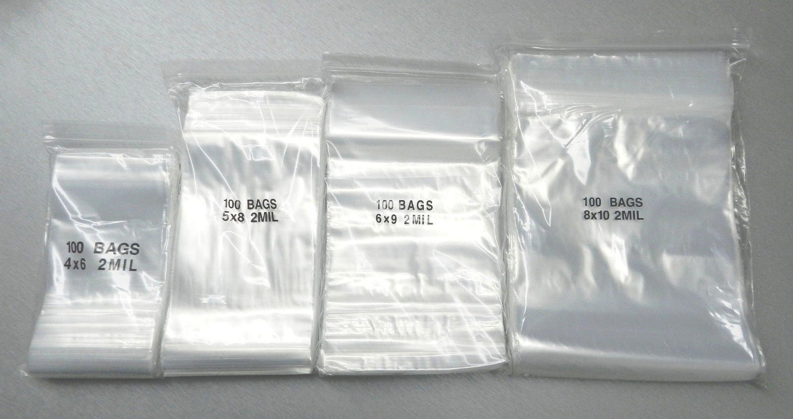 400 Clear 2mil Poly Bags Assortment 4 Sizes 4×6 5×8 6×9 8×10 100@ Top Seal Bags
