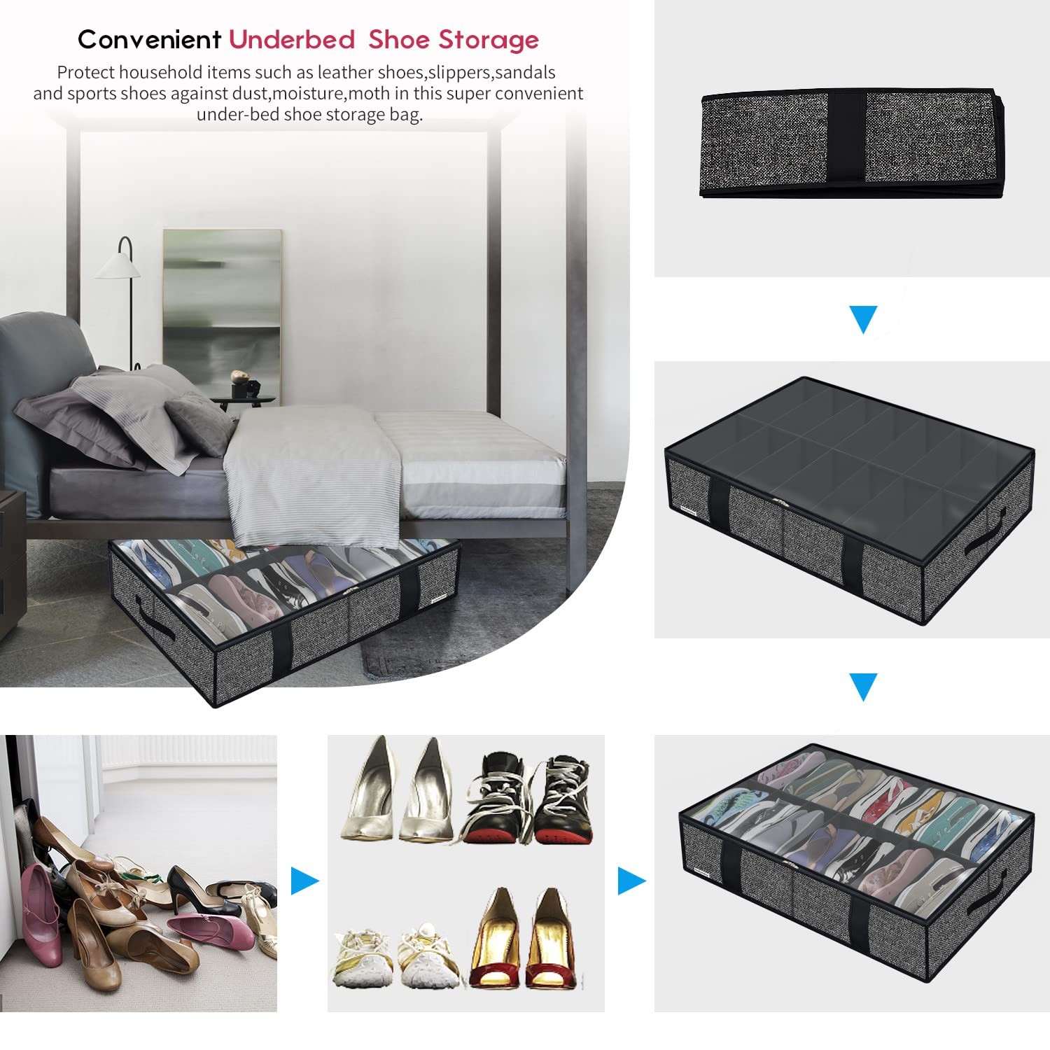 Under Bed Shoes Storage Organizer 86x60x15 cm Black MXAUBS14S4 2 PCS